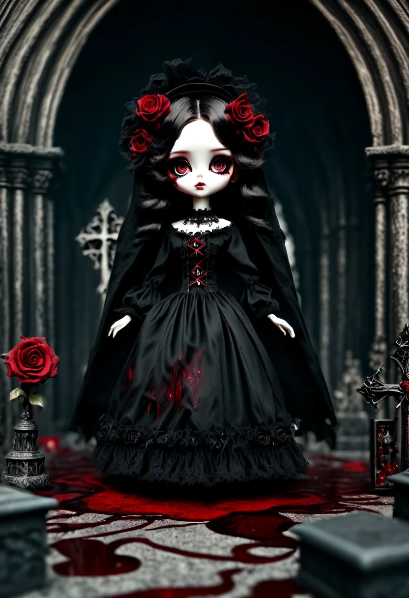 （Messenger from hell：1.4），Gothic aesthetics暗色调，cross，Rose，scary doll girl,big eyes，dark Gothic，steampunk gothic victorian style, dark, engulfed in smoke，hell，magma，flame，（紫色flame：1.3），There is fresh Blood on the ground，Blood pool，dripping Blood，Gothic aesthetics，one、Rose、castle、cross、Blood、churchyard，gothic style的神秘、solemn and profound，gothic style，gothic style蕾丝的衣服、象征浪漫的Rose、grave、吸Blood鬼、witch、ruins、gothic cathedral，Gothic symbols series