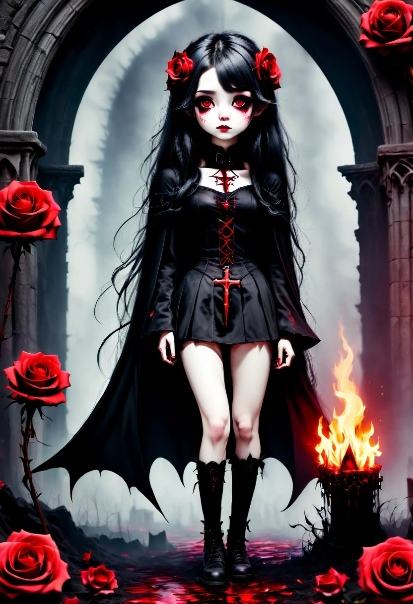（Messenger from hell：1.4），Gothic aesthetics暗色调，cross，Rose，scary doll girl,big eyes，small freckles，hell，magma，flame，（紫色flame：1.3），dark, engulfed in smoke，hell，magma，flame，（紫色flame：1.3），There is fresh Blood on the ground，Blood pool，dripping Blood，Gothic aesthetics，one、Rose、castle、cross、Blood、churchyard，gothic style的神秘、solemn and profound，gothic style，gothic style蕾丝的衣服、象征浪漫的Rose、grave、吸Blood鬼、witch、ruins、gothic cathedral，Gothic symbols series