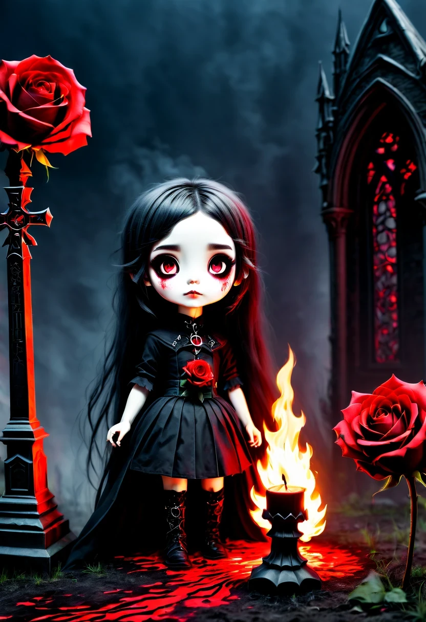 A chilling, ultra-HD masterpiece of a small, eerie young girl from the 1700s, with long black hair that falls over her right eye, leaving it obscured in shadow. Her bloodshot Red eyes pierce through the darkness, glowing with an unsettling intensity. She wears a tattered black dress that hides her feet, her frame delicate yet ominous. Her mouth is open in a sinister grin, revealing sharp teeth and fangs, with blood smeared across her face and dripping down her chin, staining the ground around her. A black headband adorned with red horns rests atop her head, adding to her malevolent aura. A dagger is hidden behind her back, ready to strike. The sky above is a deep, fiery red, casting an eldritch glow that warps the landscape. The background is a horrific, twisted version of reality, with the ground cracked and distorted as if the very earth is alive. The atmosphere is thick with terror, as if an ancient, malevolent force watches from the shadows. Her 4'10" figure stands frozen in this nightmare, a disturbing blend of innocence and malice, gazing directly at the viewer with an unsettling presence.