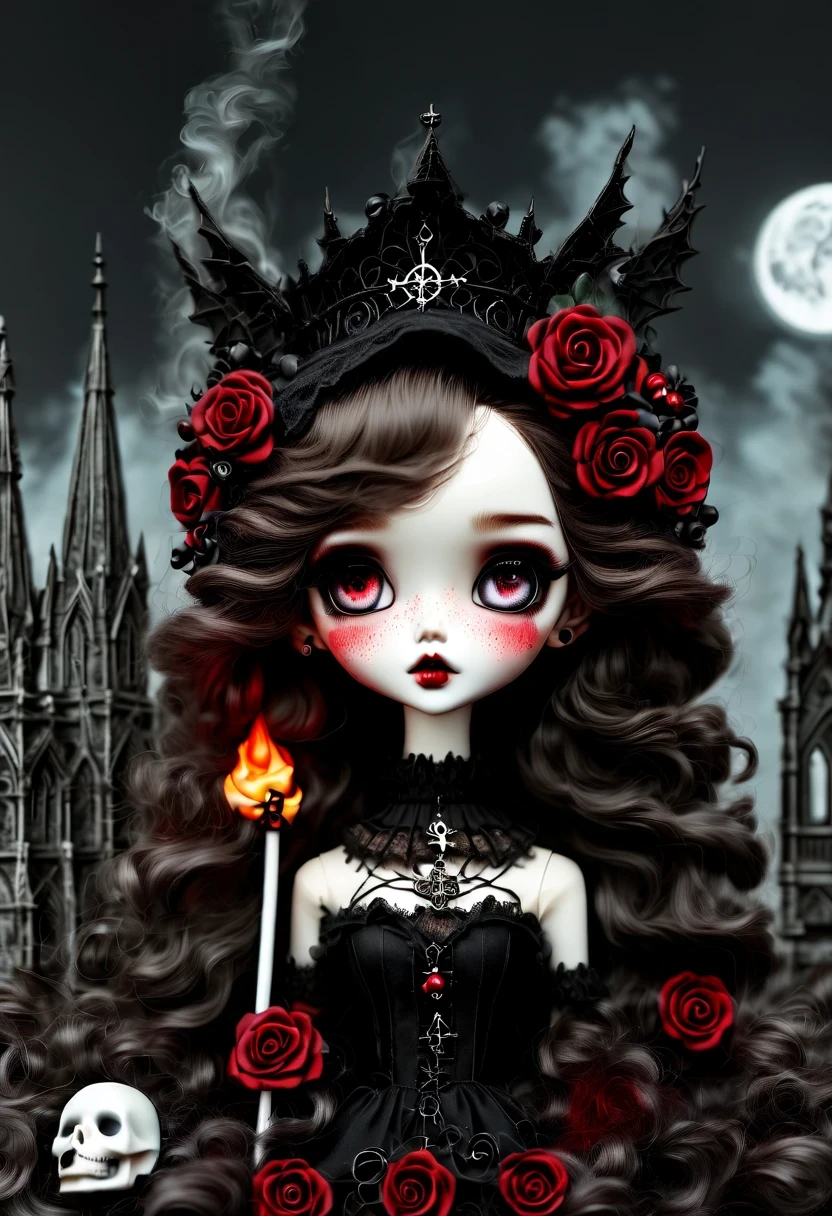 （best quality，masterpiece：1.2，detailed details），Gothic aesthetics暗色调，cross，Rose，strange doll girl,big eyes，small freckles，dark Gothic，steampunk gothic victorian style, dark, engulfed in smoke，hell，magma，flame，（紫色flame：1.3），There is fresh Blood on the ground，Blood pool，dripping Blood，Gothic aesthetics，one、Rose、castle、cross、Blood、churchyard，gothic style的神秘、solemn and profound，gothic style，gothic style蕾丝的衣服、象征浪漫的Rose、grave、吸Blood鬼、witch、ruins、gothic cathedral，Gothic symbols series