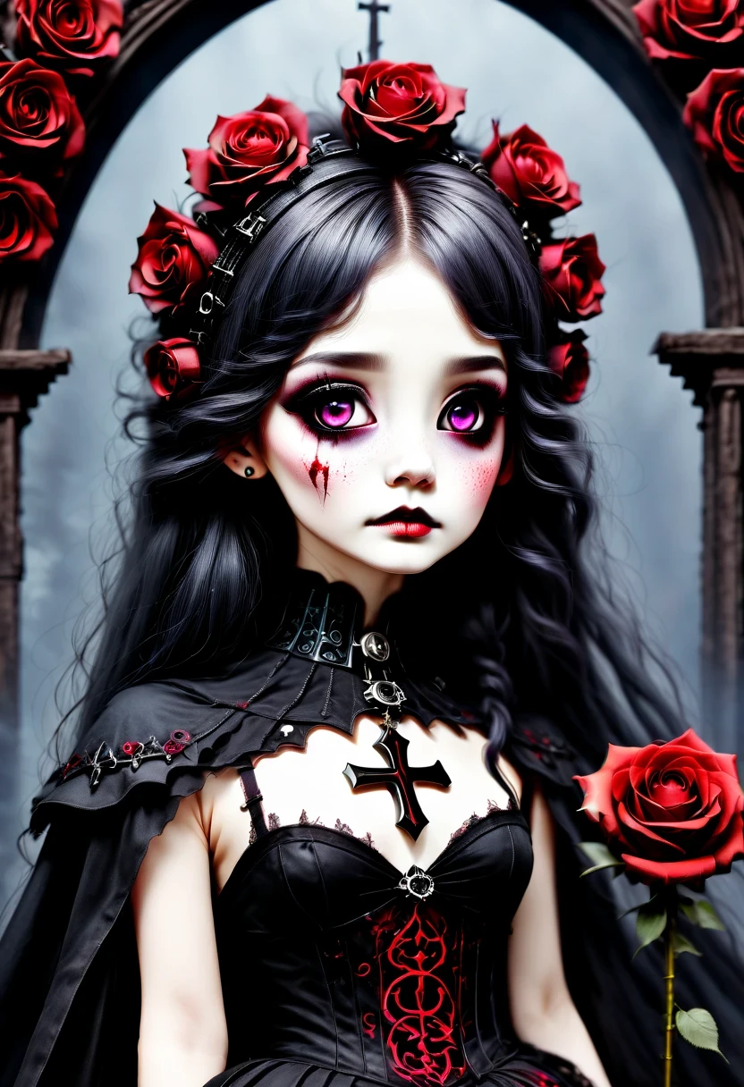 (best quality,masterpiece:1.2,detailed details),Gothic aesthetics暗色调,cross,Rose,strange doll girl,big eyes,small freckles,dark Gothic,steampunk gothic victorian style, dark, engulfed in smoke,hell,magma,flame,(紫色flame:1.3),There is fresh Blood on the ground,Blood pool,dripping Blood,Gothic aesthetics,one、Rose、castle、cross、Blood、churchyard,gothic style的神秘、solemn and profound,gothic style,gothic style蕾丝的衣服、象征浪漫的Rose、grave、吸Blood鬼、witch、ruins、gothic cathedral,Gothic symbols series