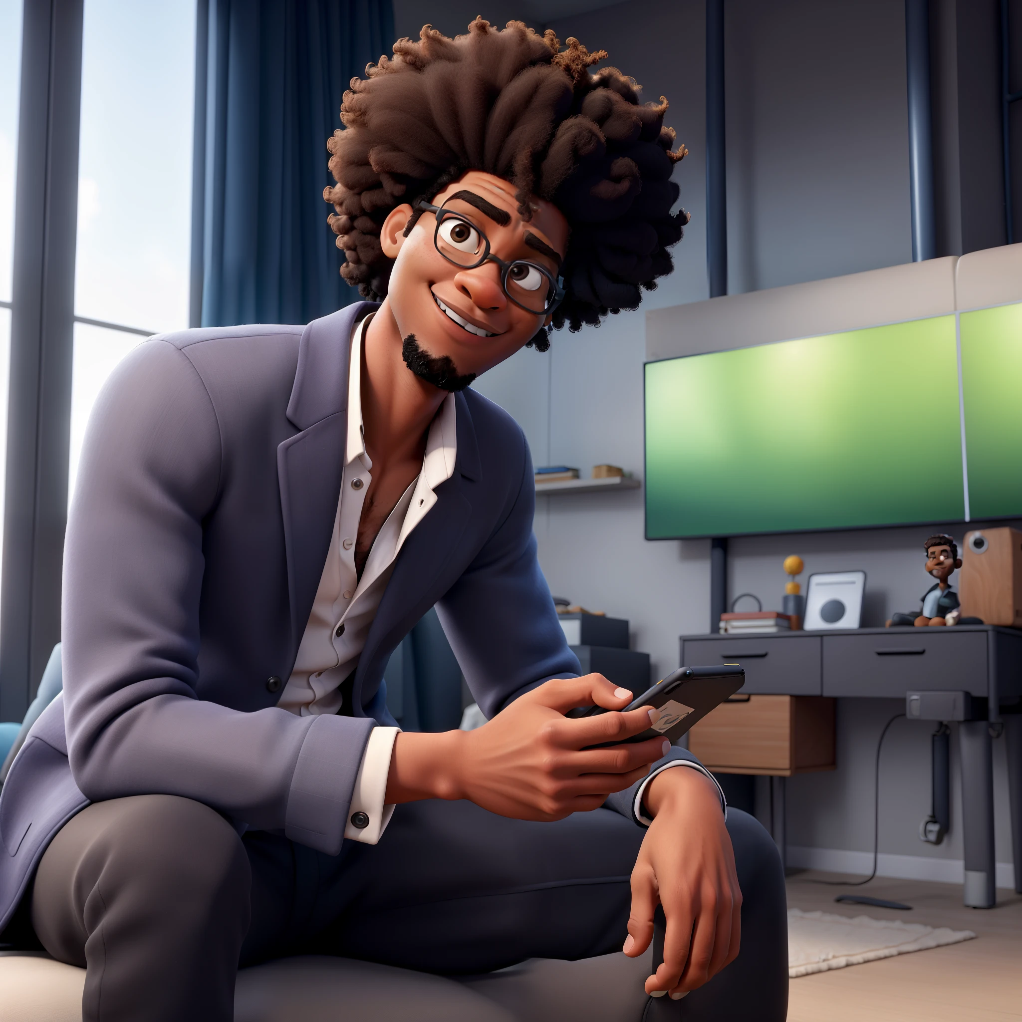 Disney Pixar 3D d&#39;a stylish young afro man sitting on the bed in a stylish industrial style bedroom and using his cell phone. Il a une coiffure afro et une barbe courte. Il porte un short noir et est. C&#39;est un bel homme, il a un téléphone portable à la main et au mur une télé qui montre des statistiques, in the background&#39;une élégante pièce de style industriel.