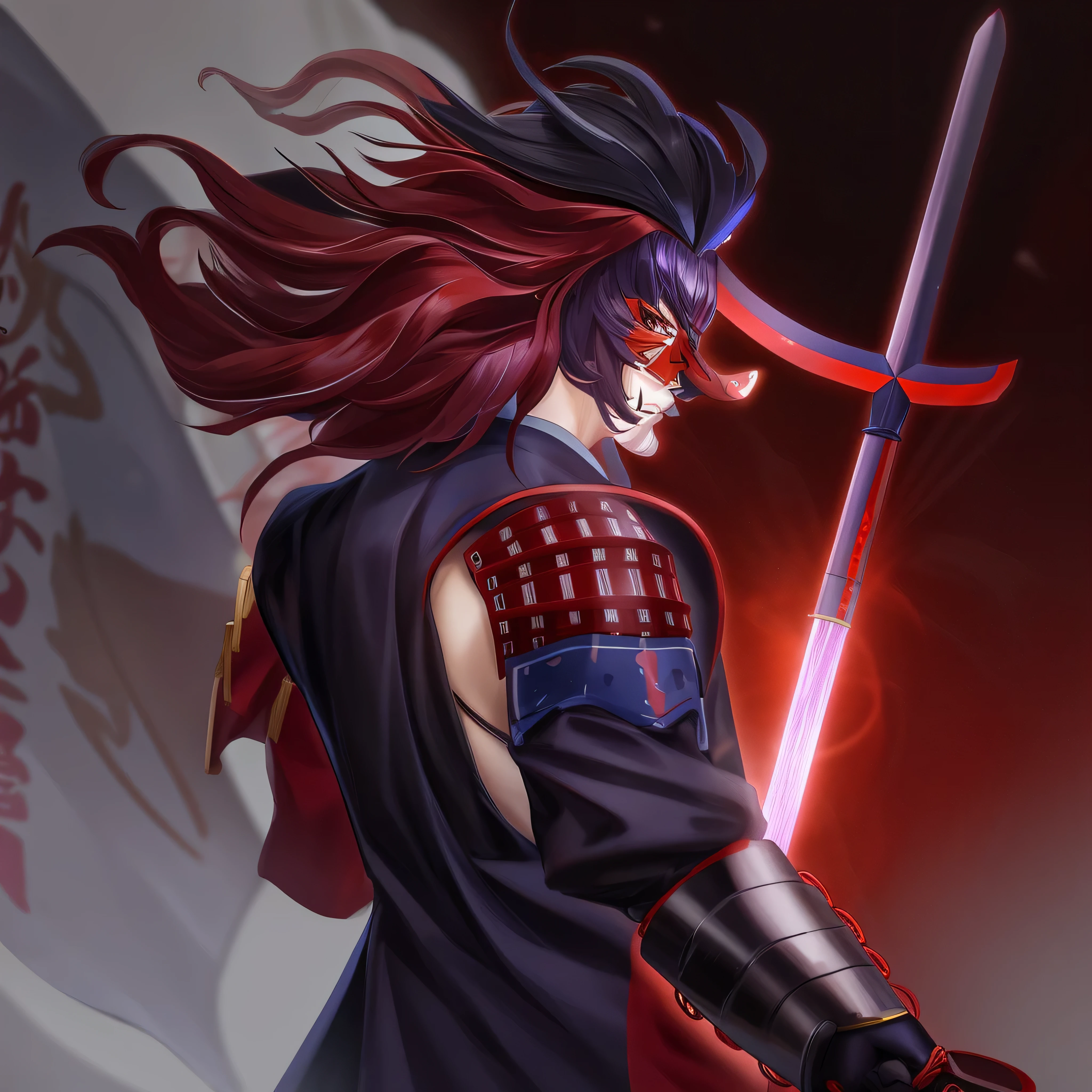 anime character with a red mask and a scyther in his hand, villain wearing a red oni mask, demon samurai, onmyoji portrait, demon samurai warrior, onmyoji detailed art, inspired by Ryūkōsai Jokei, yasuke 5 0 0 px models, onmyoji, samurai with demon mask, katana zero video game character