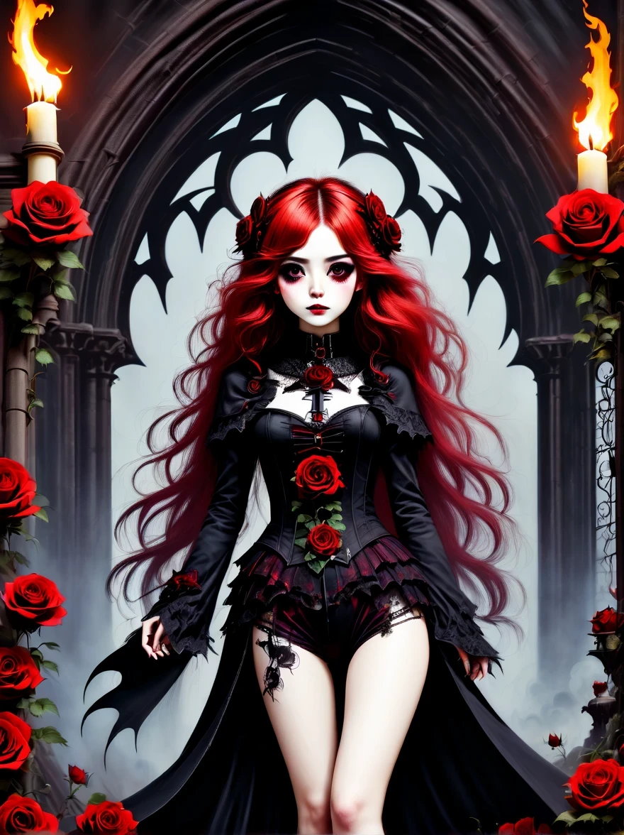(best quality,masterpiece:1.2,detailed details),Gothic aesthetics,cross,Rose,(strange doll girl,big eyes,small freckles, Fluffy red hair,have),(dark Gothic,steampunk gothic victorian style), dark, engulfed in smoke,hell,magma,flame,(紫色flame:1.3),地上have新鮮的Blood,Blood pool,dripping Blood,Gothic aesthetics,one、Rose、castle、cross、Blood、churchyard,gothic style的神秘、solemn and profound,gothic style,gothic style蕾丝的衣服、象征浪漫的Rose、grave、吸Blood鬼、witch、ruins、gothic cathedral,Gothic symbols series