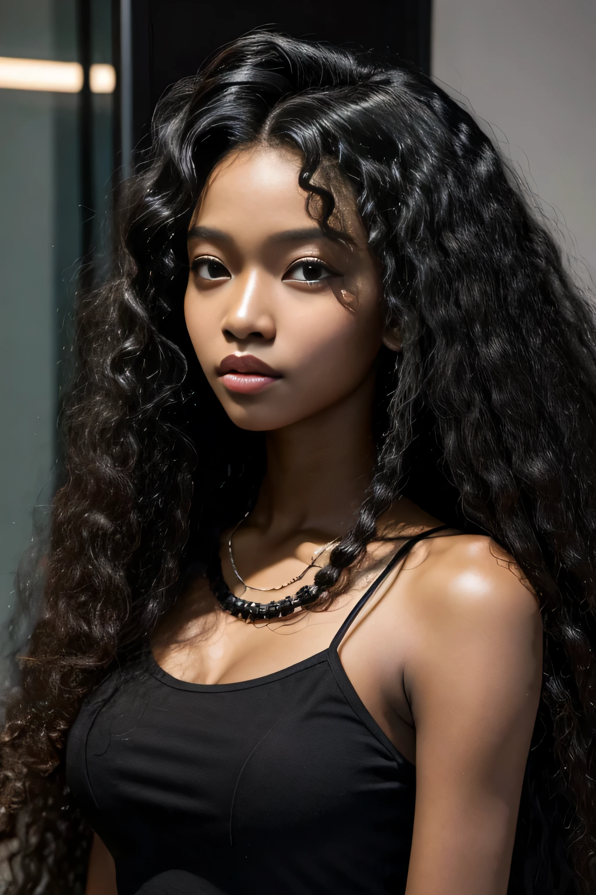 masterpiece, best quality, beautiful black and Asian mixed 19 year old, ebony skin female, long, frizzy, curly dark hair, perfect face, half body, long hair
