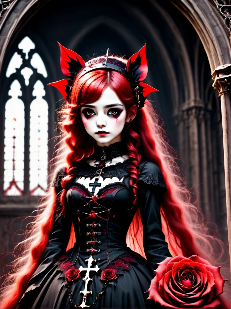 (best quality,masterpiece:1.2,detailed details),Gothic aesthetics,cross,Rose,(strange doll girl,big eyes,small freckles, Fluffy red hair,have),(dark Gothic,steampunk gothic victorian style), dark, engulfed in smoke,hell,magma,flame,(紫色flame:1.3),地上have新鮮的Blood,Blood pool,dripping Blood,Gothic aesthetics,one、Rose、castle、cross、Blood、churchyard,gothic style的神秘、solemn and profound,gothic style,gothic style蕾丝的衣服、象征浪漫的Rose、grave、吸Blood鬼、witch、ruins、gothic cathedral,Gothic symbols series