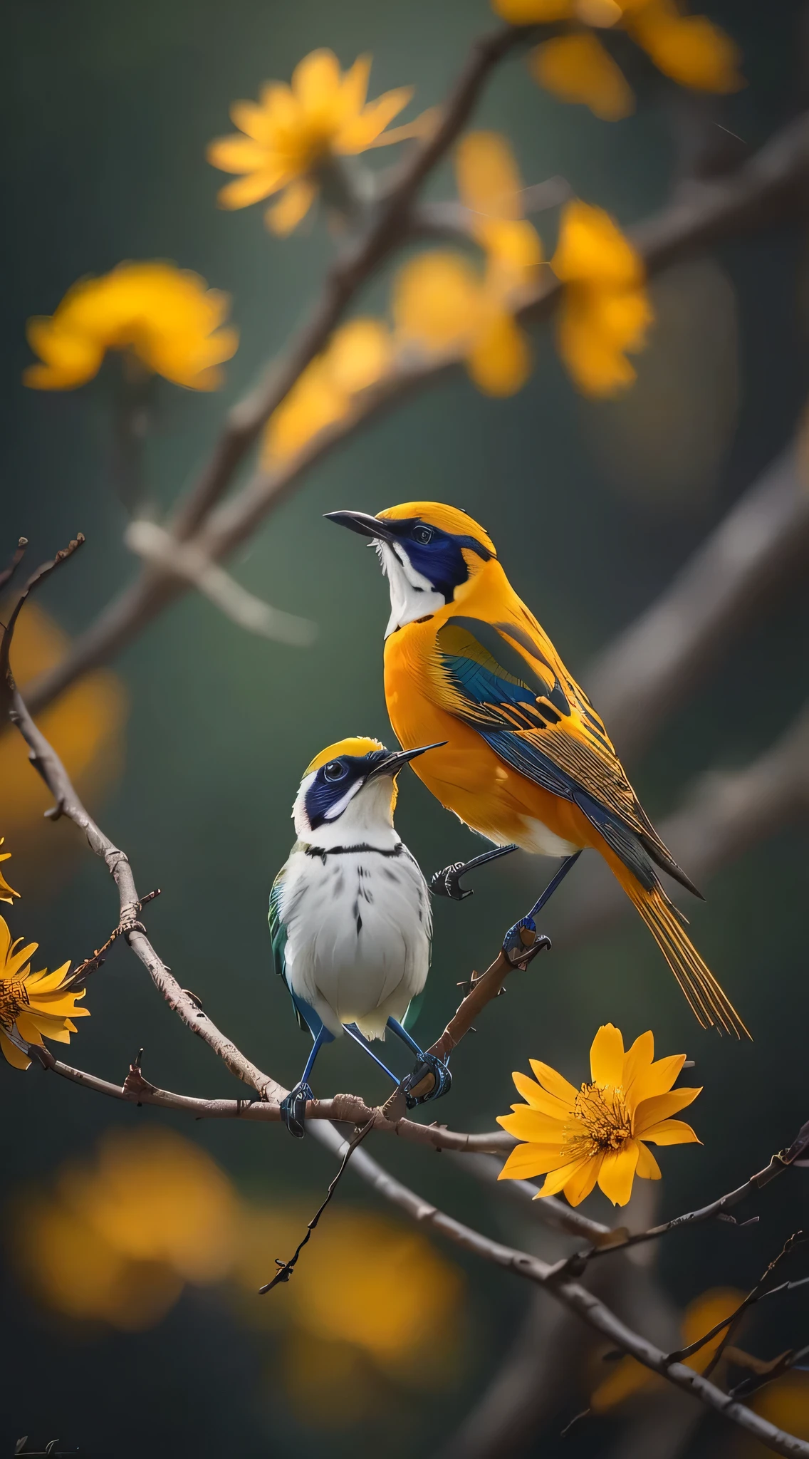 there are two birds sitting on a branch with yellow flowers, inspiring birds eye vista view, colorful birds, very beautiful photo, beautiful nature, birds f cgsociety, amazing composition, birds of paradise, incredibly beautiful, beautiful wallpaper, great composition, award winning nature photo, by Liang Kai, blue and yellow fauna, amazing wallpaper, birds and butterflies