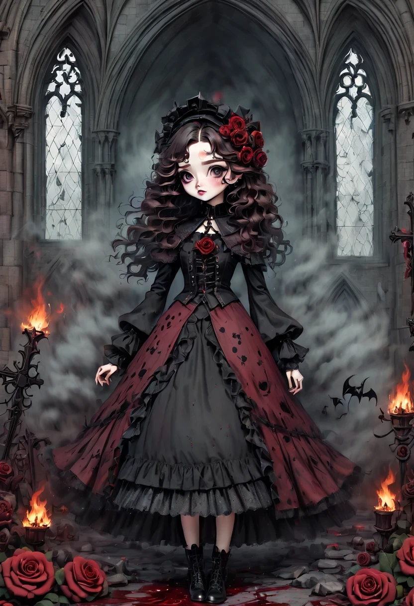 （best quality，masterpiece：1.2，detailed details），Gothic aesthetics暗色调，cross，Rose，strange doll girl,big eyes，small freckles，dark Gothic，steampunk gothic victorian style, dark, engulfed in smoke，hell，magma，flame，（紫色flame：1.3），There is fresh Blood on the ground，Blood pool，dripping Blood，Gothic aesthetics，one、Rose、castle、cross、Blood、churchyard，gothic style的神秘、solemn and profound，gothic style，gothic style蕾丝的衣服、象征浪漫的Rose、grave、吸Blood鬼、witch、ruins、gothic cathedral，Gothic symbols series