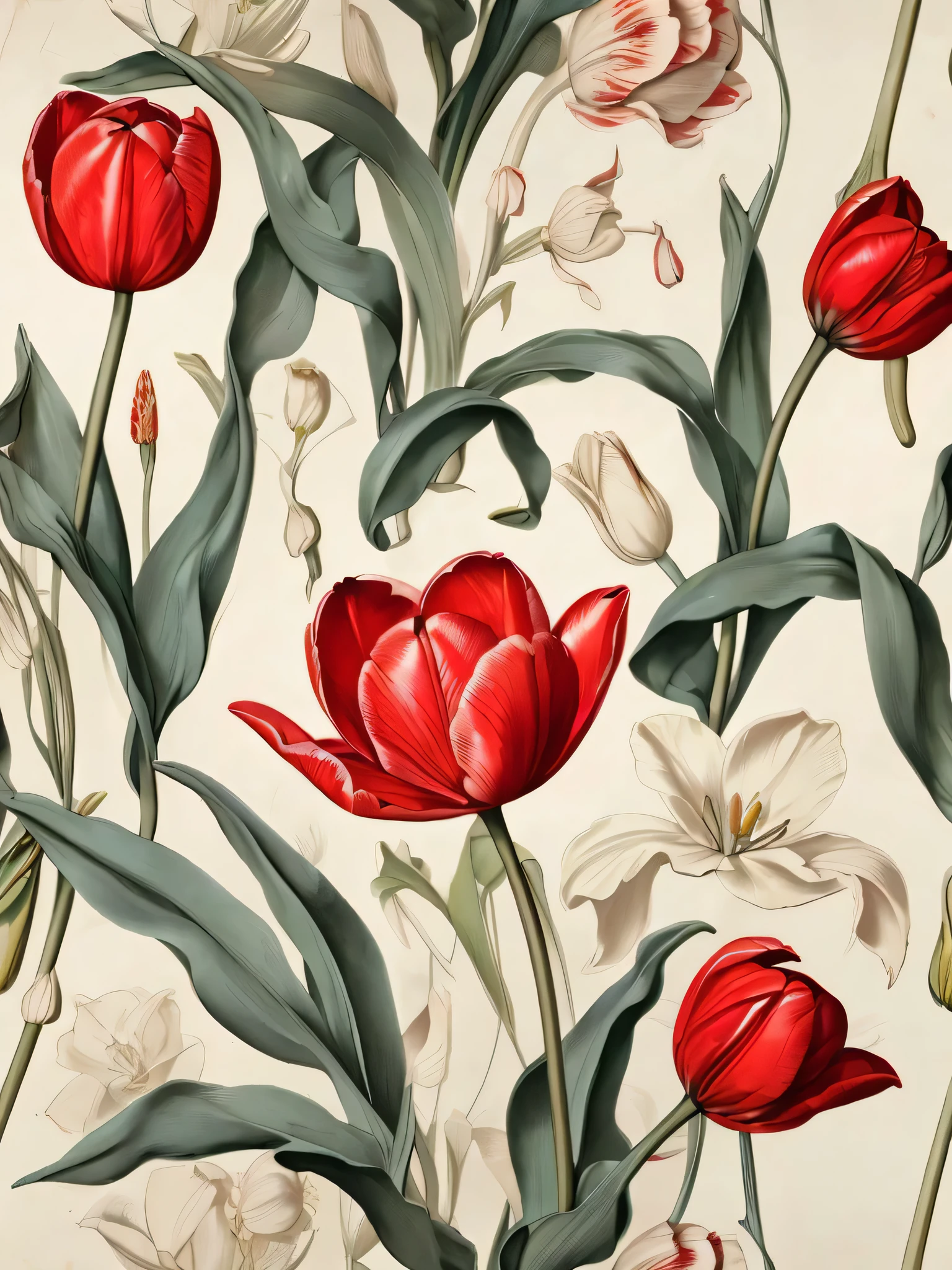 a close up of a painting of red and white flowers, botanical artwork, red and white flowers, tulips, botanical print, botanical poster, botanical illustration, botanical art, botanical background, tulip, botanical, botanical drawing, floral pattern, by Lubin Baugin, roses and tulips, art nouveau botanicals, botanicals, red flowers, floral wallpaper
