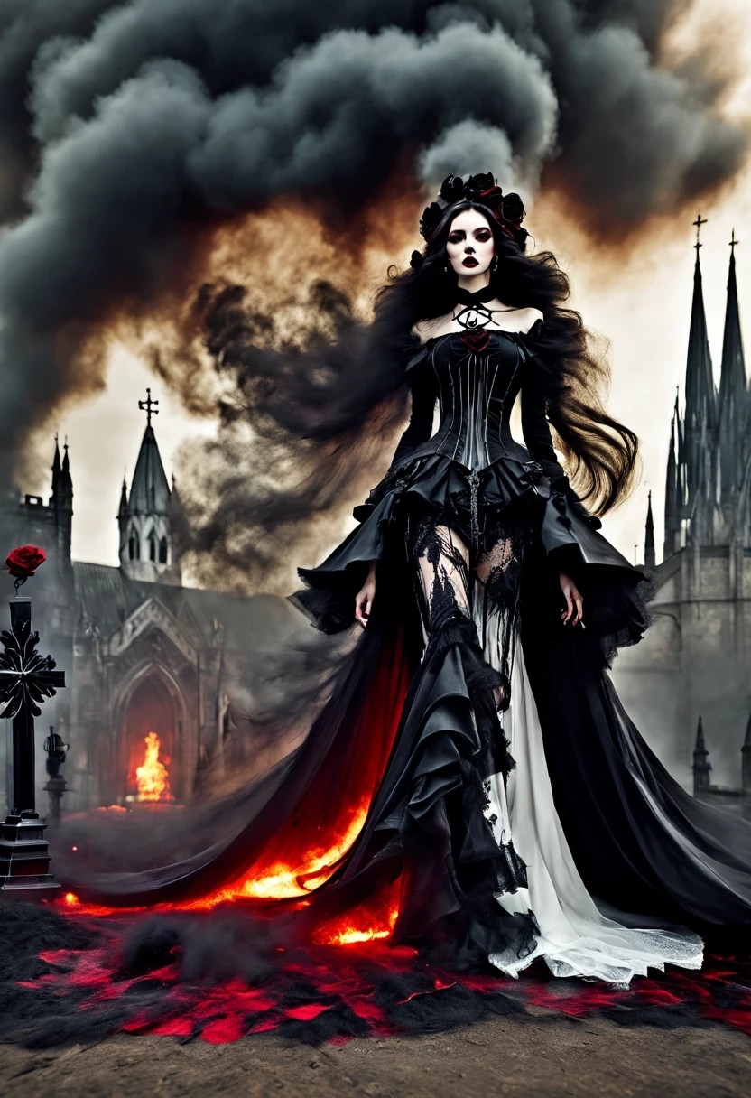 gothic fashion show， beautiful details，beautiful model，nightmare， （dark Gothic，steampunk gothic victorian style）, dark, engulfed in smoke，hell，magma，flame，（紫色flame：1.3），There is fresh Blood on the ground，Blood pool，dripping Blood，Gothic aesthetics，one、Rose、castle、cross、Blood、churchyard，gothic style的神秘、solemn and profound，gothic style，gothic style蕾丝的衣服、象征浪漫的Rose、grave、吸Blood鬼、witch、ruins、gothic cathedral，Gothic symbols series