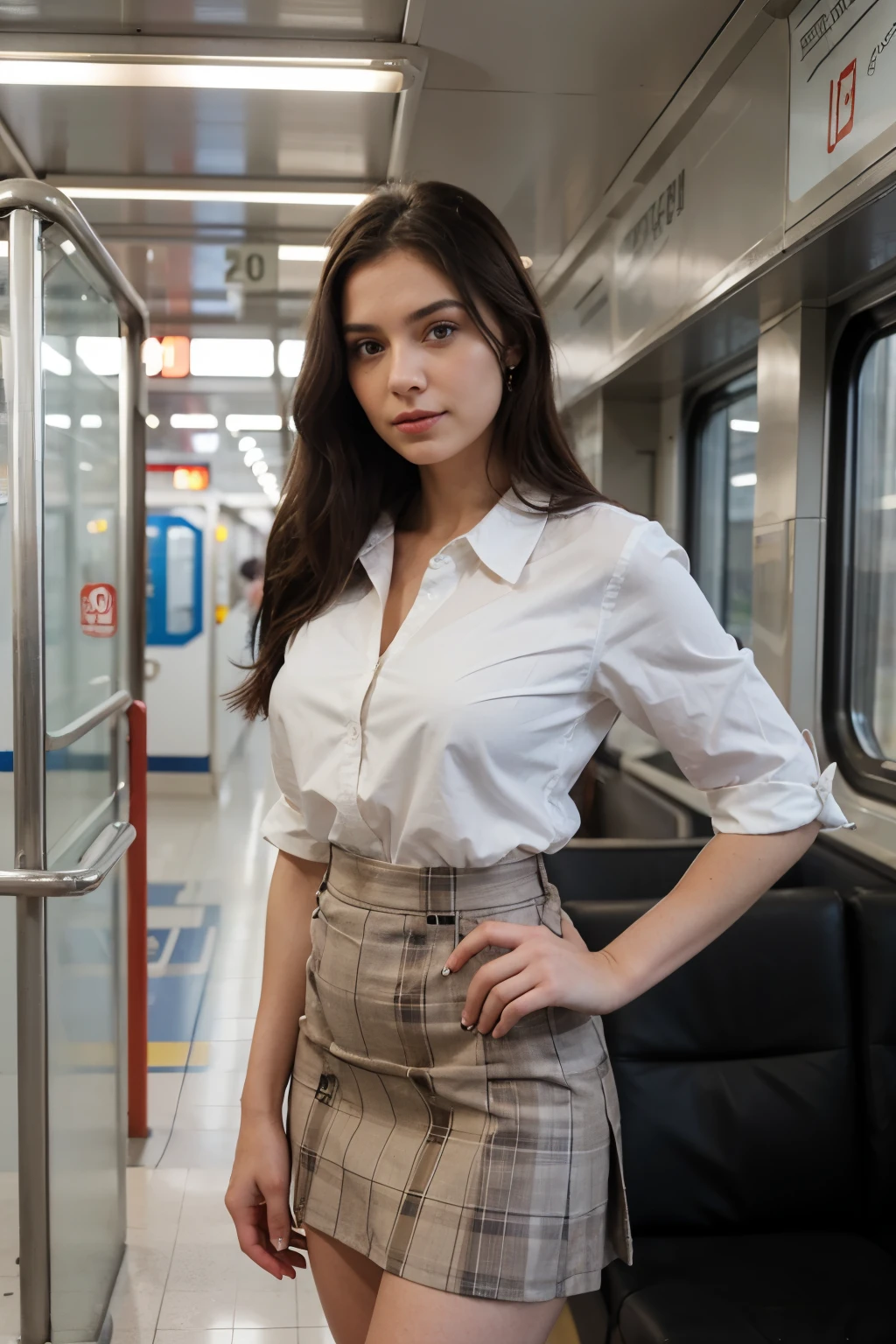 A portrait of a Burnette woman standing in the train modeling a skirt