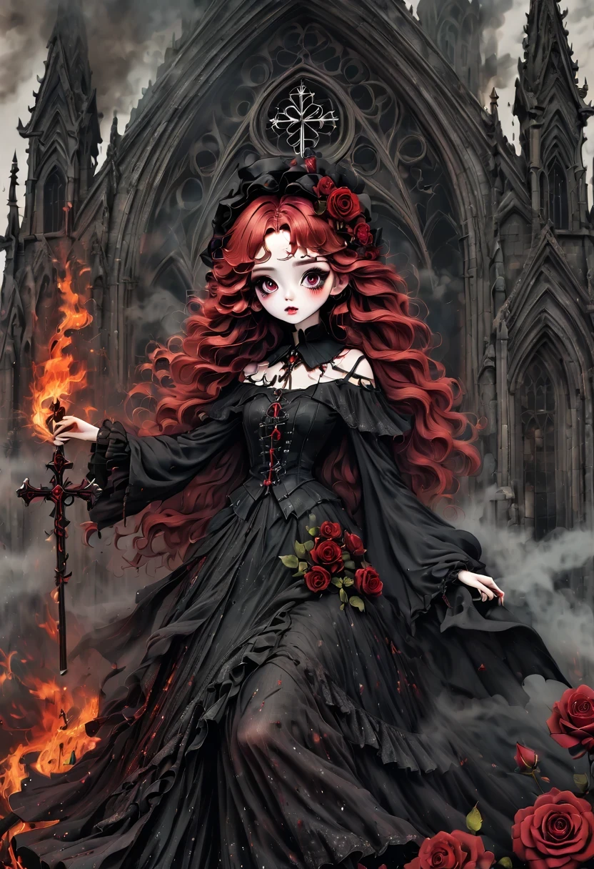 （best quality，masterpiece：1.2，detailed details），Gothic aesthetics暗色调，cross，Rose，（strange doll girl,big eyes，small freckles， Fluffy red hair，have），（dark Gothic，steampunk gothic victorian style）, dark, engulfed in smoke，hell，magma，flame，（紫色flame：1.3），地上have新鮮的Blood，Blood pool，dripping Blood，Gothic aesthetics，one、Rose、castle、cross、Blood、churchyard，gothic style的神秘、solemn and profound，gothic style，gothic style蕾丝的衣服、象征浪漫的Rose、grave、吸Blood鬼、witch、ruins、gothic cathedral，Gothic symbols series