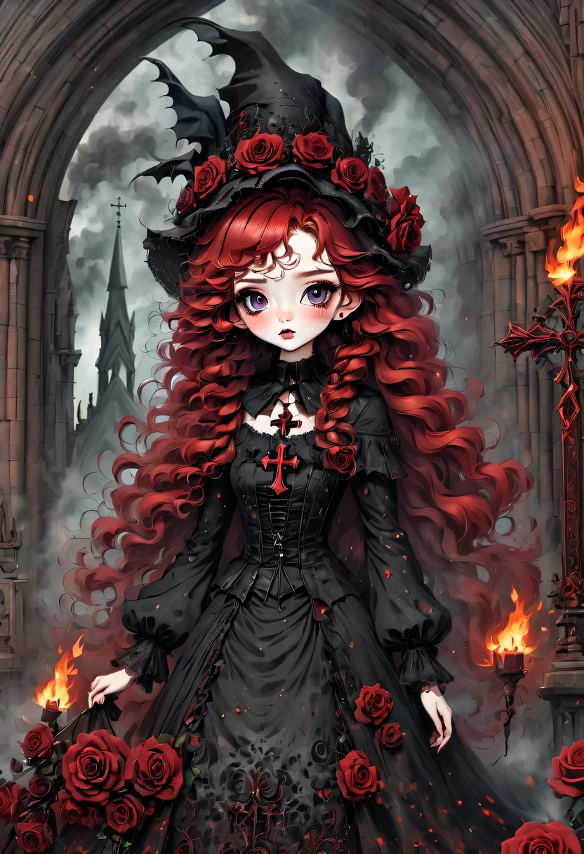 (best quality,masterpiece:1.2,detailed details),Gothic aesthetics暗色调,cross,Rose,(strange doll girl,big eyes,small freckles, Fluffy red hair,have),(dark Gothic,steampunk gothic victorian style), dark, engulfed in smoke,hell,magma,flame,(紫色flame:1.3),地上have新鮮的Blood,Blood pool,dripping Blood,Gothic aesthetics,one、Rose、castle、cross、Blood、churchyard,gothic style的神秘、solemn and profound,gothic style,gothic style蕾丝的衣服、象征浪漫的Rose、grave、吸Blood鬼、witch、ruins、gothic cathedral,Gothic symbols series