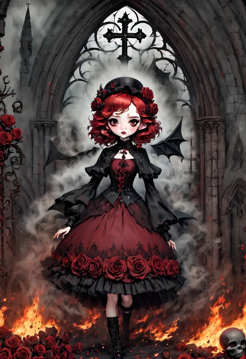 （best quality，masterpiece：1.2，detailed details），Gothic aesthetics暗色调，cross，Rose，（strange doll girl,big eyes，small freckles， Fluffy red hair，have），（dark Gothic，steampunk gothic victorian style）, dark, engulfed in smoke，hell，magma，flame，（紫色flame：1.3），地上have新鮮的Blood，Blood pool，dripping Blood，Gothic aesthetics，one、Rose、castle、cross、Blood、churchyard，gothic style的神秘、solemn and profound，gothic style，gothic style蕾丝的衣服、象征浪漫的Rose、grave、吸Blood鬼、witch、ruins、gothic cathedral，Gothic symbols series