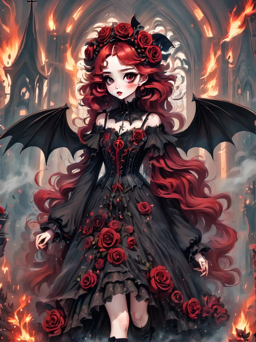 （best quality，masterpiece：1.2，detailed details），Gothic aesthetics，cross，Rose，（strange doll girl,big eyes，small freckles， Fluffy red hair，have），（dark Gothic，steampunk gothic victorian style）, dark, engulfed in smoke，hell，magma，flame，（紫色flame：1.3），地上have新鮮的Blood，Blood pool，dripping Blood，Gothic aesthetics，one、Rose、castle、cross、Blood、churchyard，gothic style的神秘、solemn and profound，gothic style，gothic style蕾丝的衣服、象征浪漫的Rose、grave、吸Blood鬼、witch、ruins、gothic cathedral，Gothic symbols series
