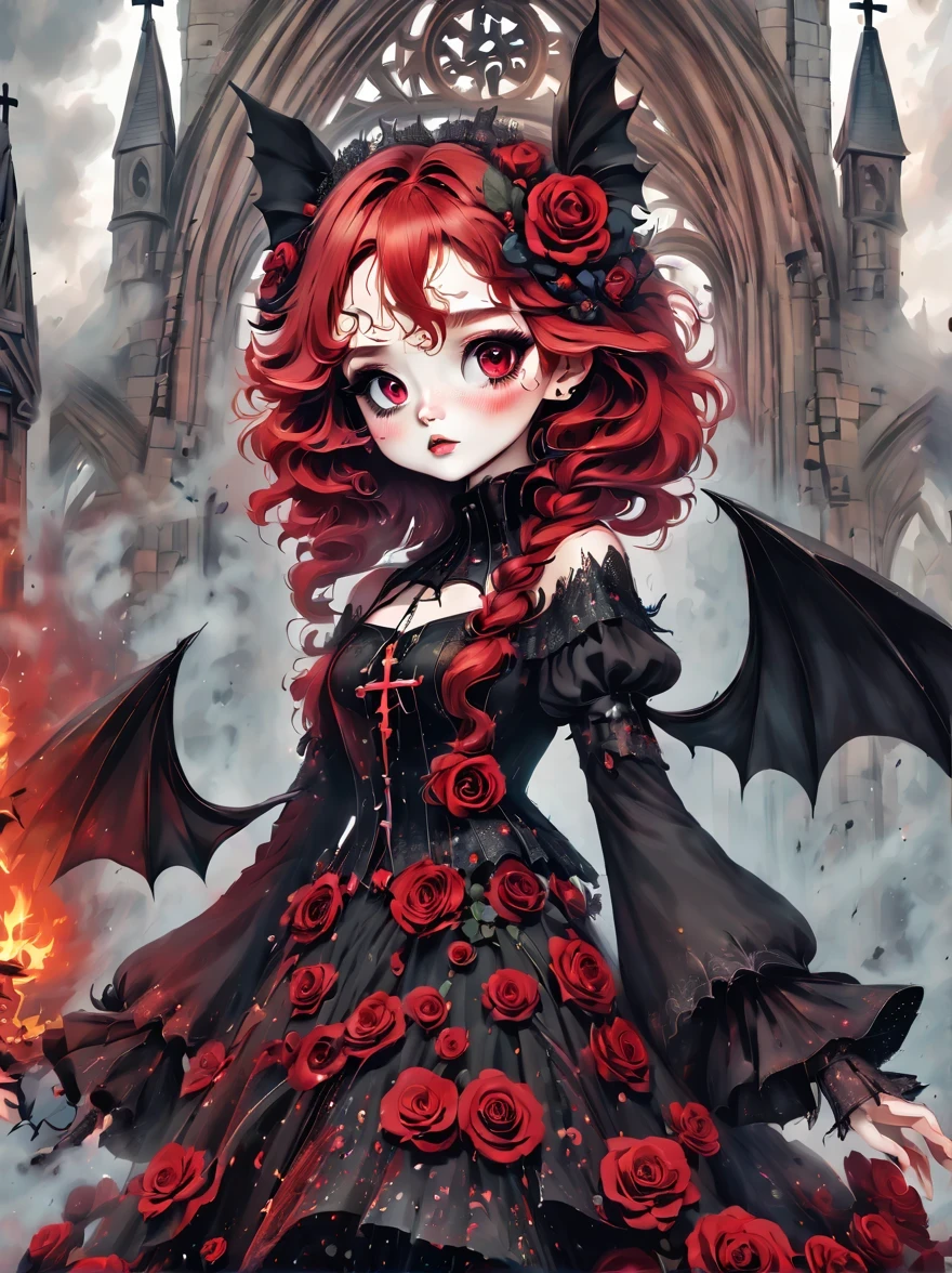 （best quality，masterpiece：1.2，detailed details），Gothic aesthetics，cross，Rose，（strange doll girl,big eyes，small freckles， Fluffy red hair，have），（dark Gothic，steampunk gothic victorian style）, dark, engulfed in smoke，hell，magma，flame，（紫色flame：1.3），地上have新鮮的Blood，Blood pool，dripping Blood，Gothic aesthetics，one、Rose、castle、cross、Blood、churchyard，gothic style的神秘、solemn and profound，gothic style，gothic style蕾丝的衣服、象征浪漫的Rose、grave、吸Blood鬼、witch、ruins、gothic cathedral，Gothic symbols series
