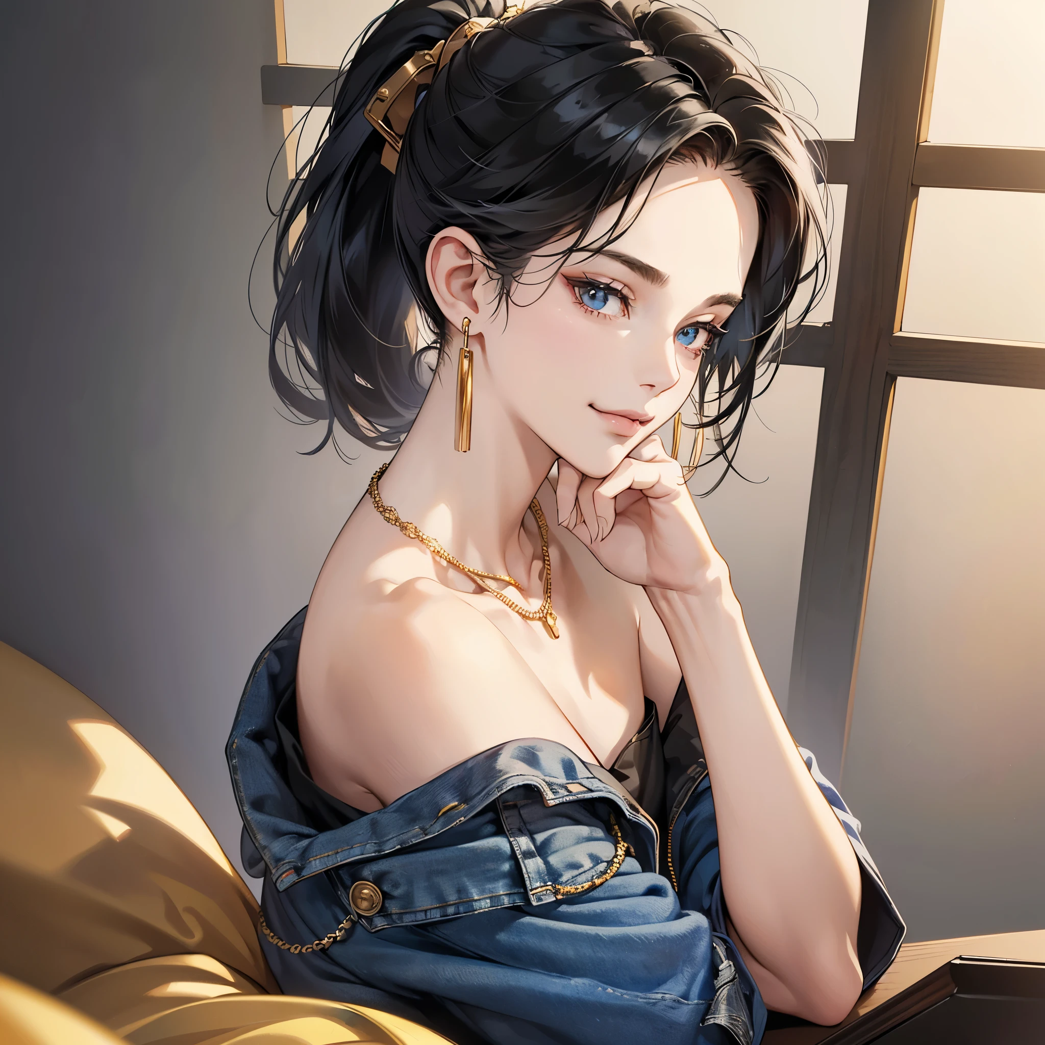 (table top, digital art, digital illustration, 4K, 8K, super detailed, beautiful images, clear image, realistic, RAW photo, perfect face, perfect lines, perfect eyes, soft lighting) ,1 female, (long black hair,Hair style is ponytail,bullish look,beautiful woman,closed mouth,smirk,Mature,slender,23 year old female,:1.3),Wearing an off-shoulder dark denim top, she looks back at the viewer.、Gold earrings and necklace、plain background