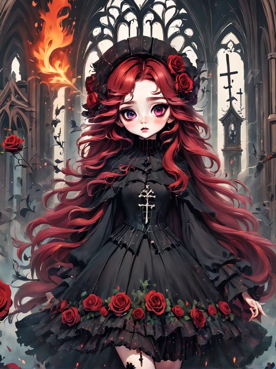 (best quality,masterpiece:1.2,detailed details),Gothic aesthetics,cross,Rose,(strange doll girl,big eyes,small freckles, Fluffy red hair,have),(dark Gothic,steampunk gothic victorian style), dark, engulfed in smoke,hell,magma,flame,(紫色flame:1.3),地上have新鮮的Blood,Blood pool,dripping Blood,Gothic aesthetics,one、Rose、castle、cross、Blood、churchyard,gothic style的神秘、solemn and profound,gothic style,gothic style蕾丝的衣服、象征浪漫的Rose、grave、吸Blood鬼、witch、ruins、gothic cathedral,Gothic symbols series
