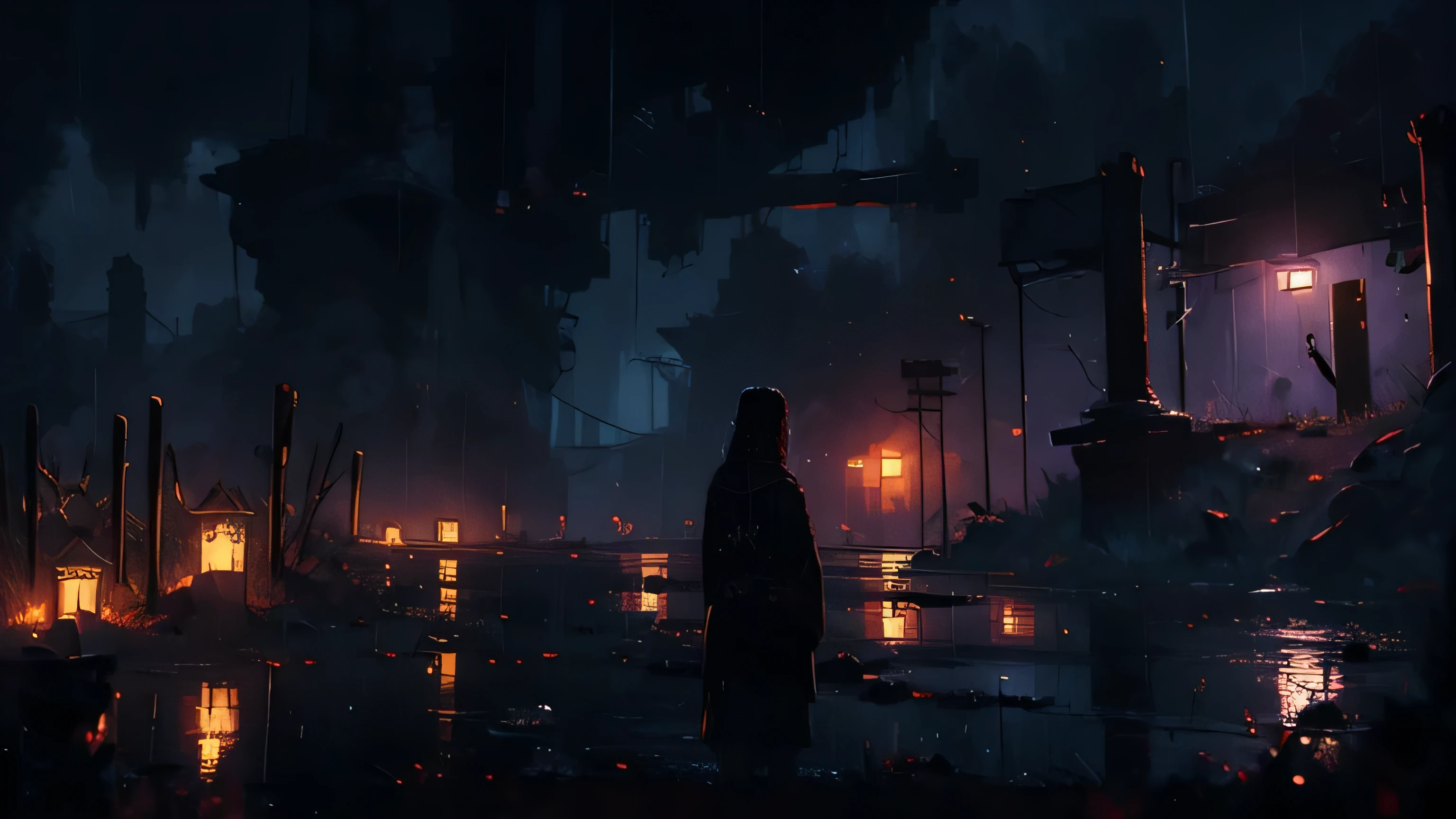 fundo, unique environment, nenhum personagem, agonia, chuva, noite, Frio, ruins, Lua, desert apocalipse, contemplativo, tristeza, tristeza