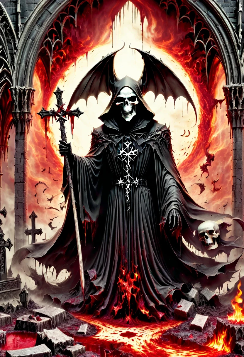(Messenger from hell:1.4),cross,one个巨大的死神,looking from bottom to top,hell,magma,flame,(紫色flame:1.3),There is fresh Blood on the ground,Blood pool,dripping Blood,Gothic aesthetics,one、Rose、castle、cross、Blood、churchyard,gothic style的神秘、solemn and profound,gothic style,gothic style蕾丝的衣服、象征浪漫的Rose、grave、吸Blood鬼、witch、ruins、gothic cathedral,Gothic symbols series