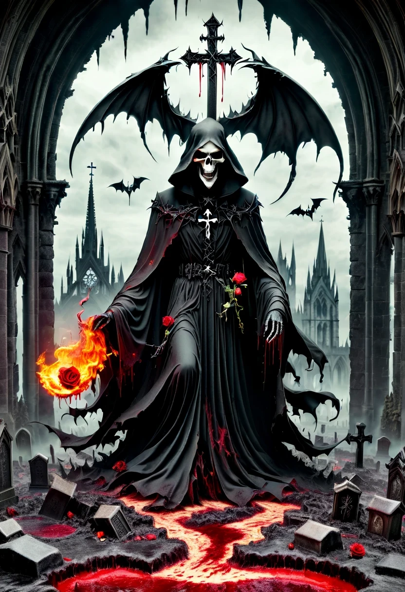 (Messenger from hell:1.4),cross,one个巨大的死神,looking from bottom to top,hell,magma,flame,(紫色flame:1.3),There is fresh Blood on the ground,Blood pool,dripping Blood,Gothic aesthetics,one、Rose、castle、cross、Blood、churchyard,gothic style的神秘、solemn and profound,gothic style,gothic style蕾丝的衣服、象征浪漫的Rose、grave、吸Blood鬼、witch、ruins、gothic cathedral,Gothic symbols series