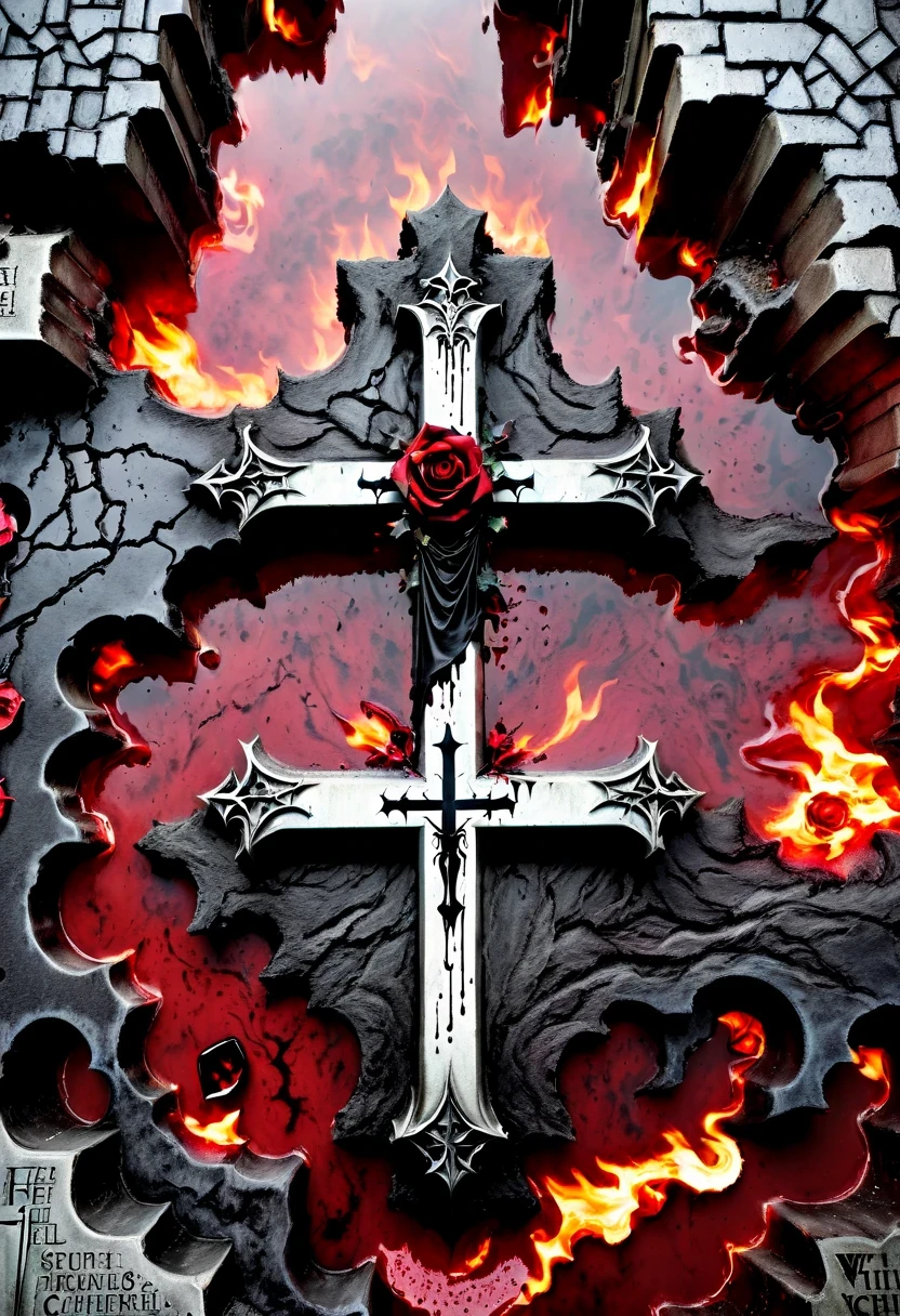 （Messenger from hell：1.4），cross，one个巨大的吸Blood鬼，looking from bottom to top，hell，magma，flame，（紫色flame：1.3），There is fresh Blood on the ground，Blood pool，dripping Blood，Gothic aesthetics，one、Rose、castle、cross、Blood、churchyard，gothic style的神秘、solemn and profound，gothic style，gothic style蕾丝的衣服、象征浪漫的Rose、grave、吸Blood鬼、witch、ruins、gothic cathedral，Gothic symbols series