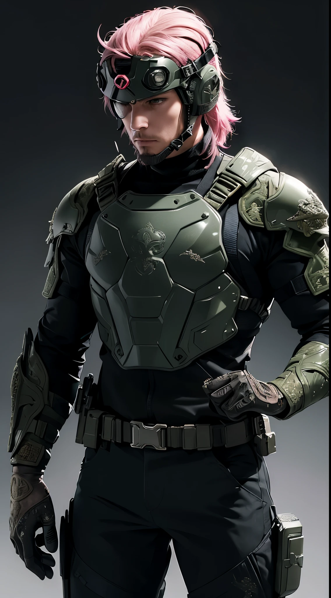 style of metal gear solid, (detailed intricate full cover tactical helmet:1.3), (pink hair), cowboy shot, dynamic pose, 1girl, solo, ray tracing, (masterpiece), (best quality), (detailed), (detailed tactical gear:1.1), (body armor:1.1), combat pants, gloves, (intricate background:1.1),