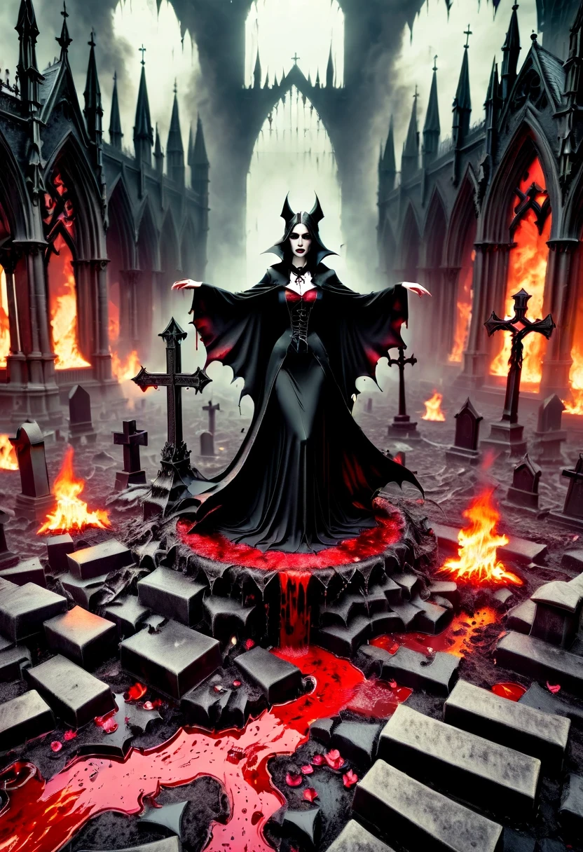 (Messenger from hell:1.4),cross,one个巨大的吸Blood鬼,looking from bottom to top,hell,magma,flame,(紫色flame:1.3),There is fresh Blood on the ground,Blood pool,dripping Blood,Gothic aesthetics,one、Rose、castle、cross、Blood、churchyard,gothic style的神秘、solemn and profound,gothic style,gothic style蕾丝的衣服、象征浪漫的Rose、grave、吸Blood鬼、witch、ruins、gothic cathedral,Gothic symbols series