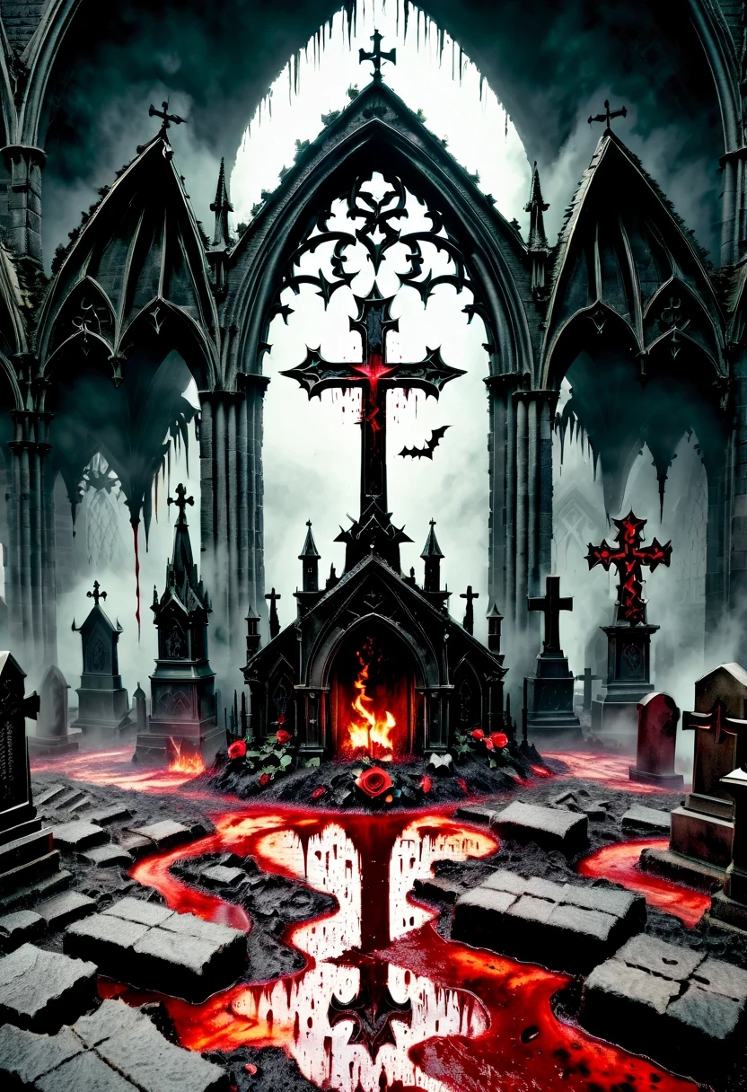 （Messenger from hell：1.4），cross，one个巨大的吸Blood鬼，looking from bottom to top，hell，magma，flame，（紫色flame：1.3），There is fresh Blood on the ground，Blood pool，dripping Blood，Gothic aesthetics，one、Rose、castle、cross、Blood、churchyard，gothic style的神秘、solemn and profound，gothic style，gothic style蕾丝的衣服、象征浪漫的Rose、grave、吸Blood鬼、witch、ruins、gothic cathedral，Gothic symbols series