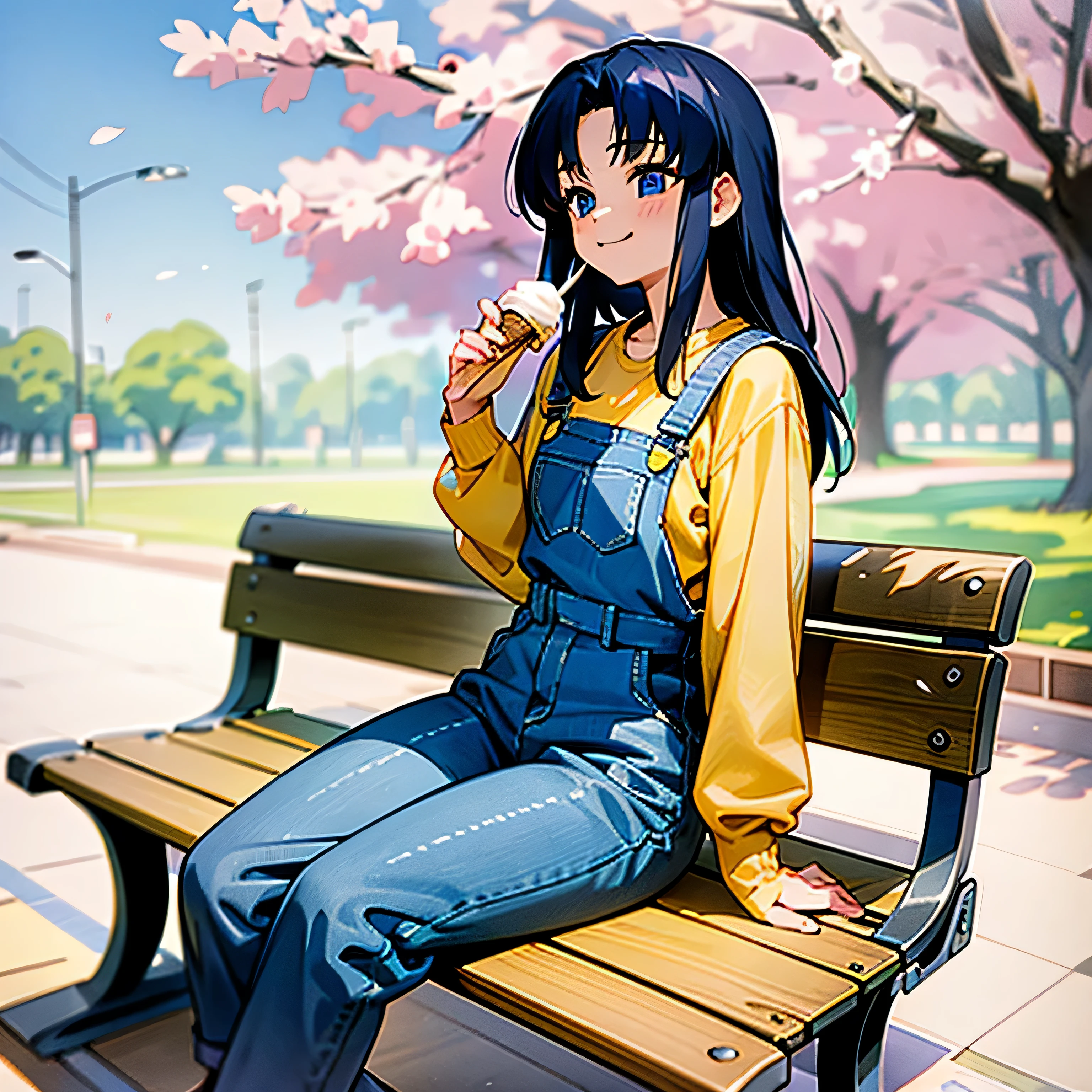 1girl, best quality, hdr, kawana misaki, one_misaki, ONE kagayaku kisetsu he, dark blue eyes, no eye pupils, no eye pupils, long hair, dark blue hair, long sleeves shirt, yellow shirt, tight shirt, dungarees with jockstraps, blue dungarees, jockstraps over shirt, short white socks, brown shoes, smiling, full body, sitting on a park bench, holding an ice cream, spring scenery, cherry trees blooming