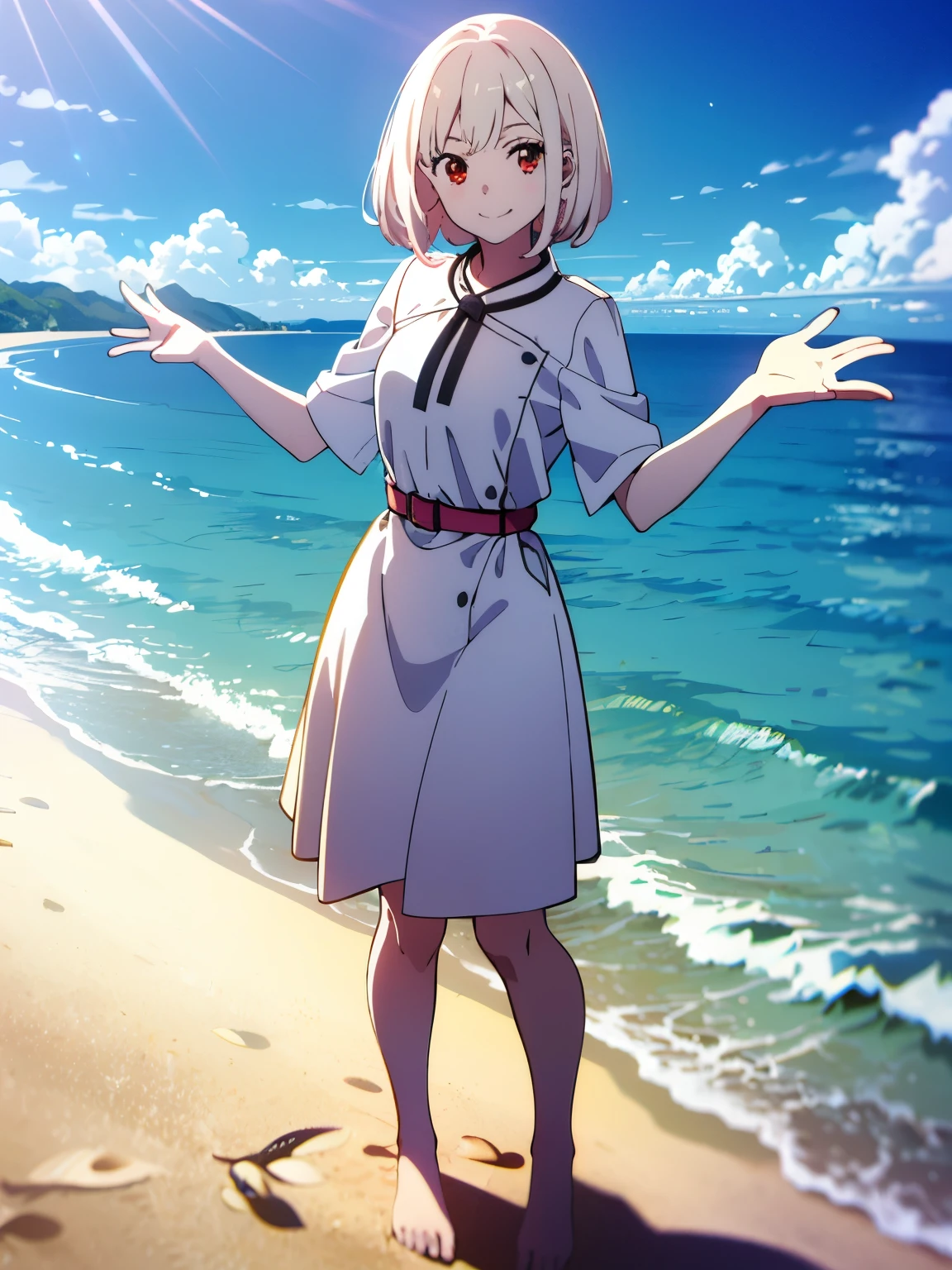 （tmasterpiece），（best qualtiy），2girls, 
 girl with short white yellow hair and red eyes，standing on the sea side，Step with open hands smile，blue-sky，baiyun，Mare，sandbeach，rays of sunshine，whole body display，looks into camera