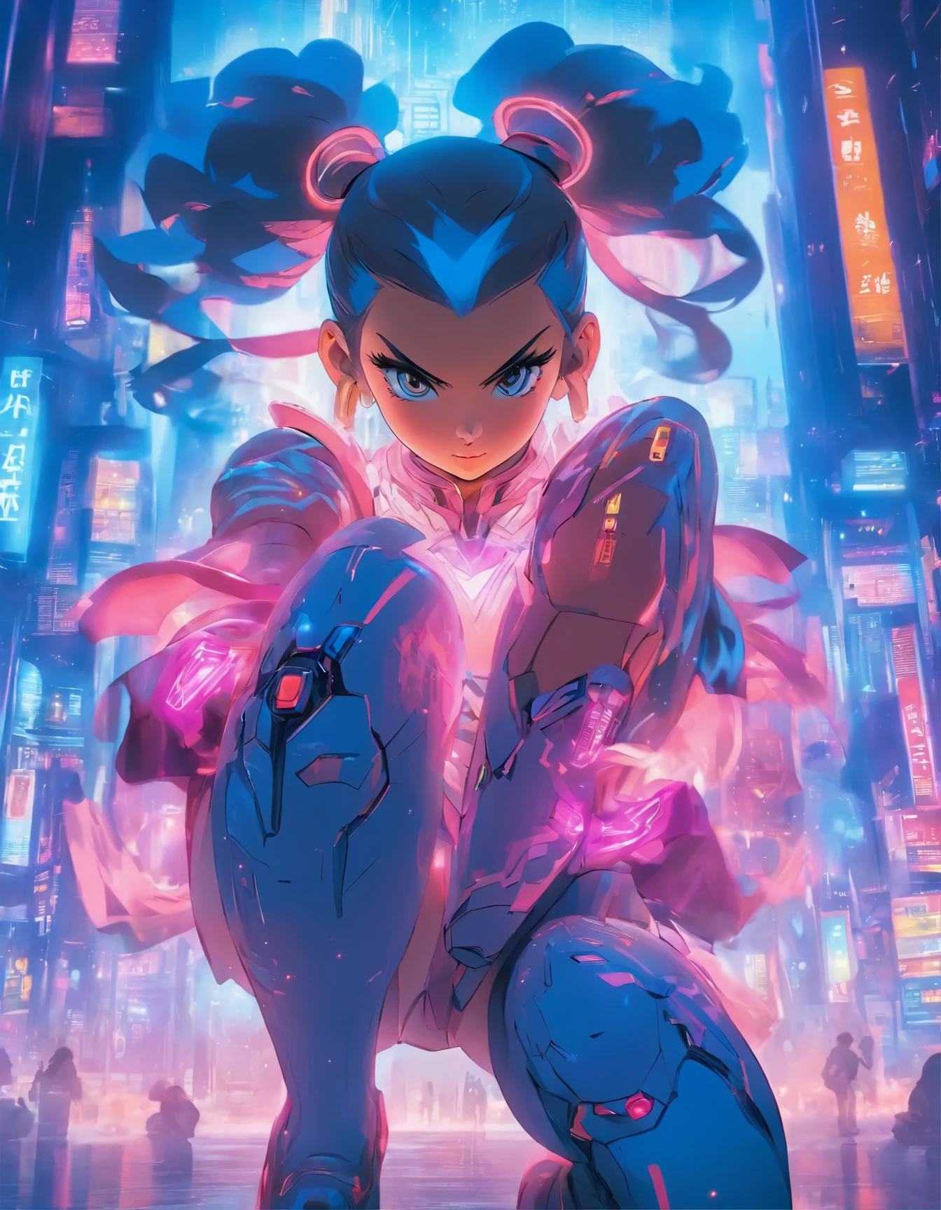 (best quality:1.3),(masterpiece:1.2),16k,level picture quality,future technology,1girl,A Chinese Chun-Li wearing a cyberpunk-style mecha costume,meatball head,(glowing electronic screen),(Electronic information flow:1.3),Holographic projection,(Glowing electronic screen on arm:1.2),whole body多线条光条,Luminous text on thigh,(girl pose:1.2),Glowing electronic shoes,whole body,Colored smoke,City blocks,skyscraper,neon lights,