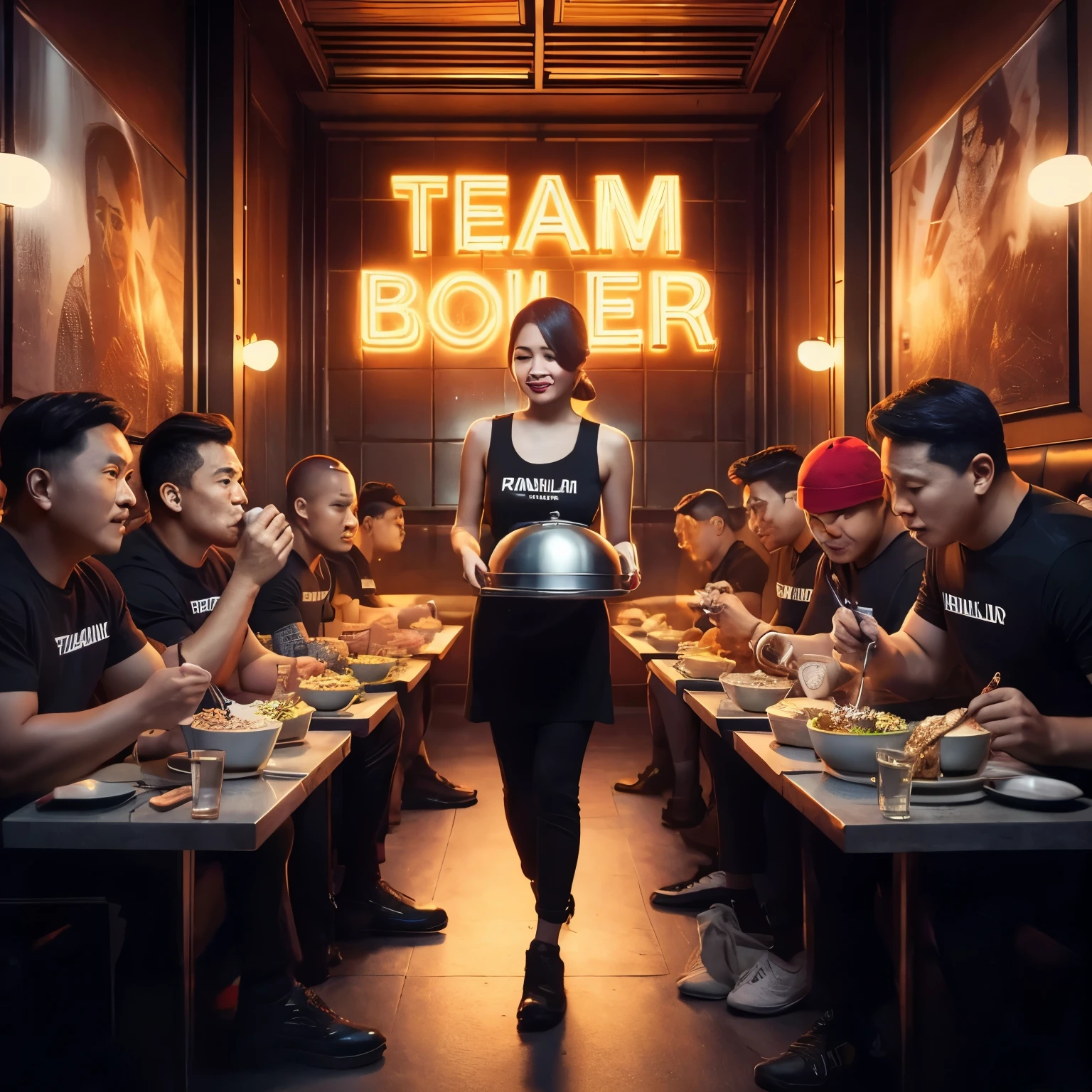beberapa pria usia 30 tahun.ras indonesia semua memakai kaos hitam.yang satu memakai topi baseball warna merah.sedang makan makan di restoran mewah.ada pelayan wanita cantik sedikit gemuk memakai baju yang sedikit tipis.sedang menyajikan hidangan. dengan latar tembok mewah ada neon terang bertuliskan"team boiler"pothograpi.ultra hd8k.nyata realistis