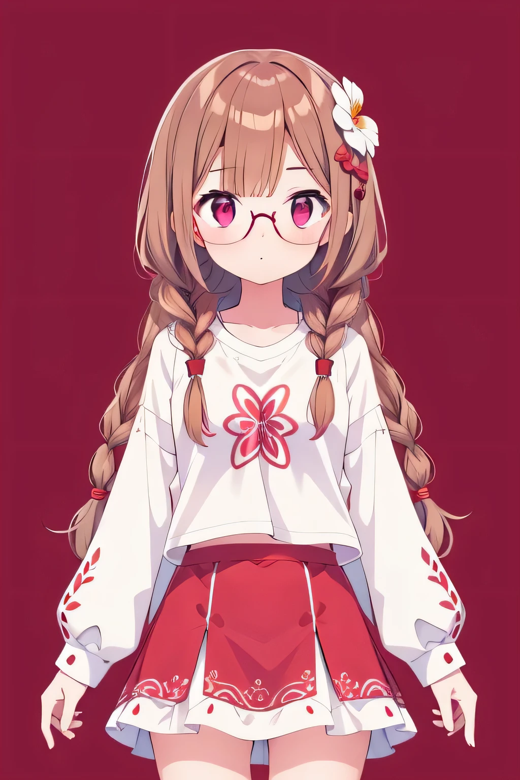 1girl, Brownish hair, round glasses, long hair, braids hair, flower hair ornaments, white t-shirt, red skirt, 8k resolutions, 8k quality, masterpiece, parka, medium breast, maroon eye, white background, small