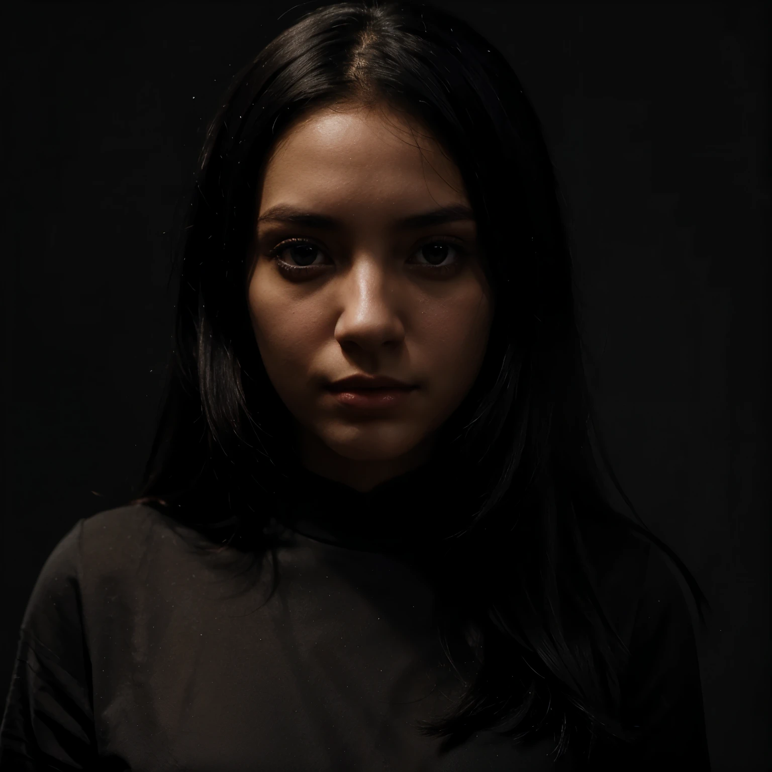 Polychrome, 1girl, night, dark, black hair, looking at viewer, upper body, facing viewer, limited palette, black background, glowing,
