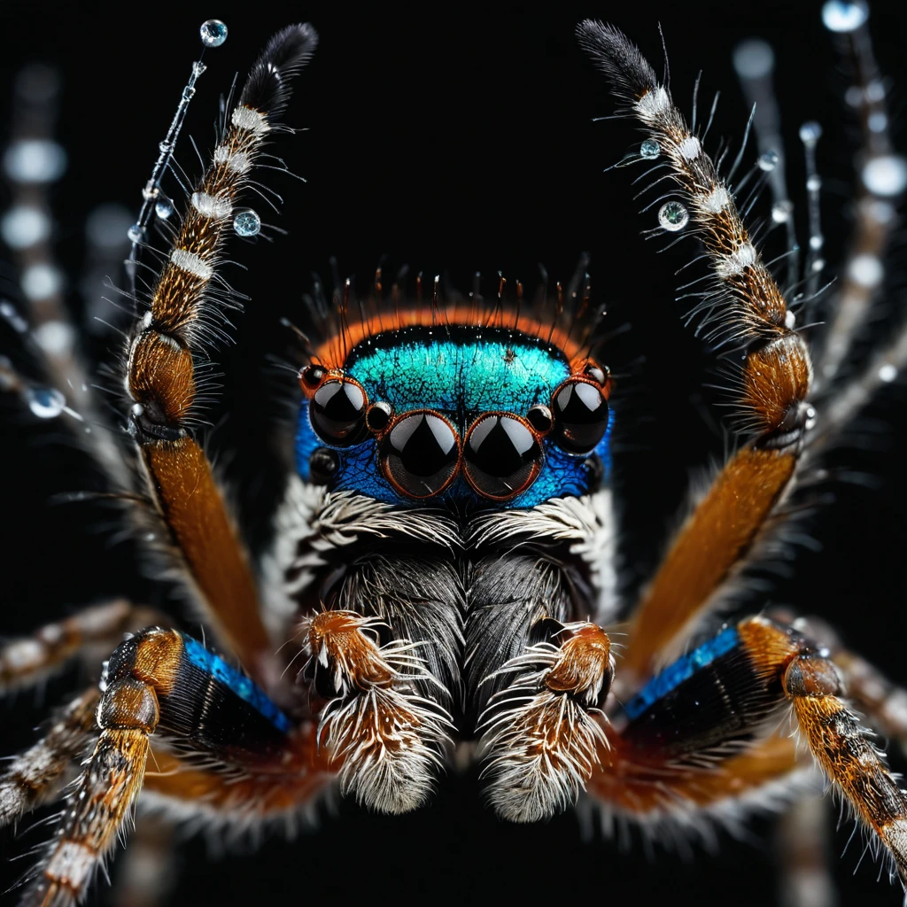High Resolution, High Quality, Masterpiece/ Macro photography of Maratus volans, a peacock spider adorned with reflective dew drops, presented with octane rendering, notable for its sharp focus against a deep dark background, akin to a Wildlife Photographer of the Year winner, close-up with hyper-detailed complexity, trending on ArtStation, captured in a studio-like setting, featuring intricate details and lauded by admirers of Greg Rutkowski's style, wildlife, ultra realistic, highly detailed, dramatic lighting.