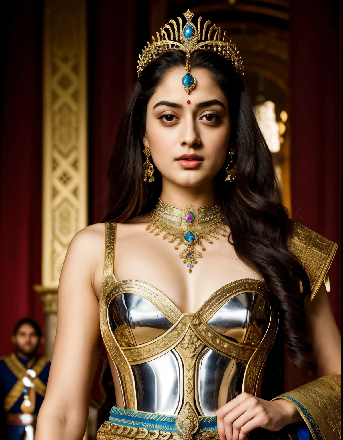 Looks like Sandeepa Dhar, "Design an illustration of a stunning and powerful warrior queen with a regal presence. She should possess a combination of strength and grace. Imagine her in ornate, yet practical armor that complements her figure. The armor should be adorned with intricate details and symbols representing her royal lineage and warrior prowess. Her weapon of choice could be a unique and elegant sword or a mythical weapon that reflects her status as a formidable leader.

Her facial features should exude confidence and determination, with piercing eyes that convey both fierceness and wisdom. The queen's hair, whether long or short, should flow dynamically, hinting at her movement in battle. Consider incorporating elements that emphasize her connection to nature or a mythical realm, such as ethereal backgrounds, symbolic animals, or mystical symbols.

Pay attention to the color palette; use rich, bold colors that enhance her royal aura. Experiment with lighting to highlight specific details and create a sense of drama. Ensure that her posture and expression capture the essence of a queen who commands respect and admiration. Feel free to draw inspiration from historical warrior queens or fictional characters, blending elements to create a unique and captivating image."