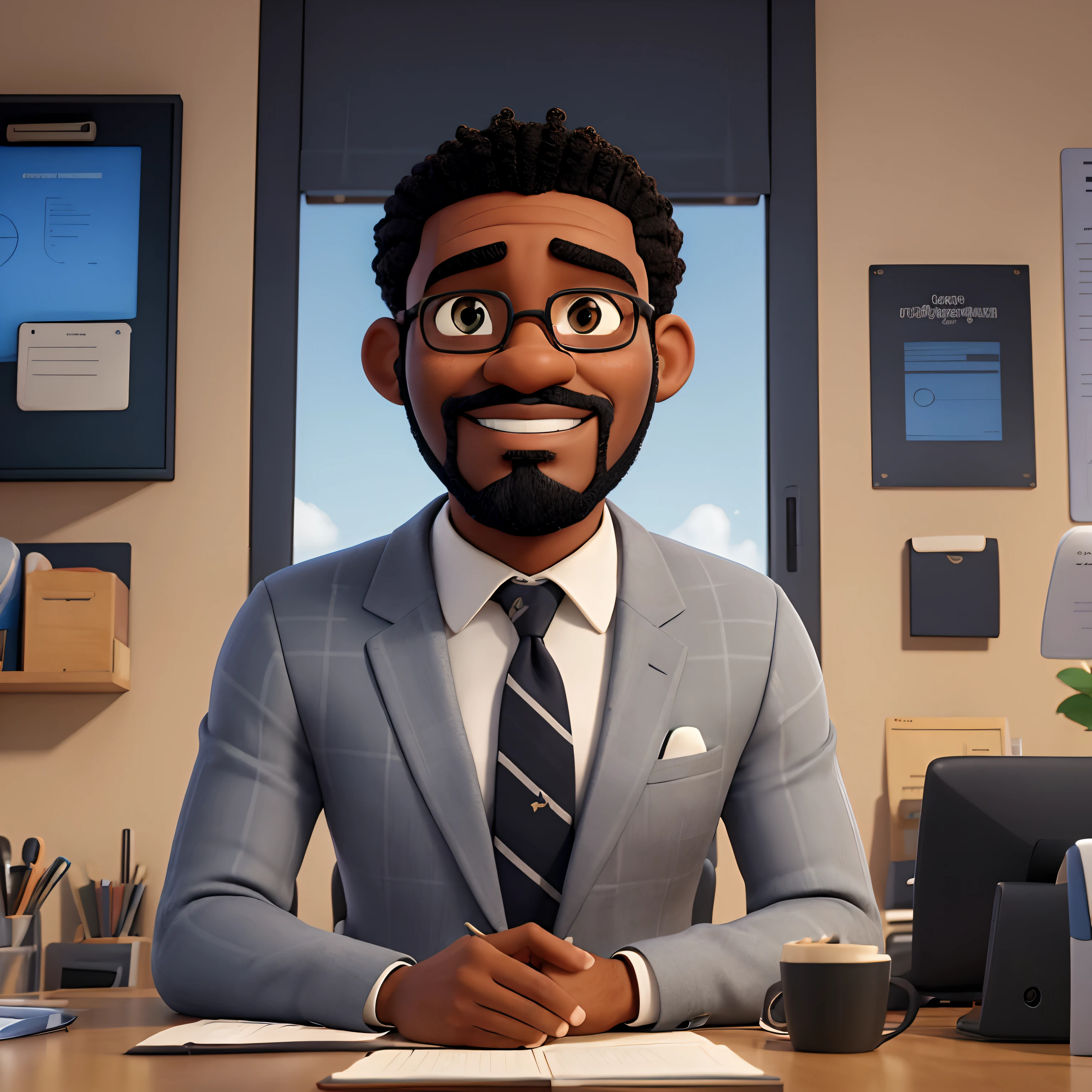 Chef-d'artwork, best quality,portrait d'un succès Full adulto Homme noir regardant la caméra avec son RMS croisé,Slightly gray beard and mustache,Jair low curly,homme d'smiling african american businessman, debout dans un nouveau bureau