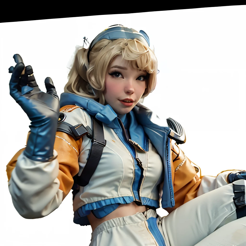 ((solo)), (1 girl, on her own), (alone), Belle Delphine cosplaying as Wattson Apex Legends, 8k, highest quality, best quality, ultra detailed, perfect lighting, cute, cosplay, white and blue jumpsuit, (orange jacket):1.4, no other colour jacket, only orange, high quality face, ultra realistic, studio lighting, (blonde hair, short bob), 24yo, 