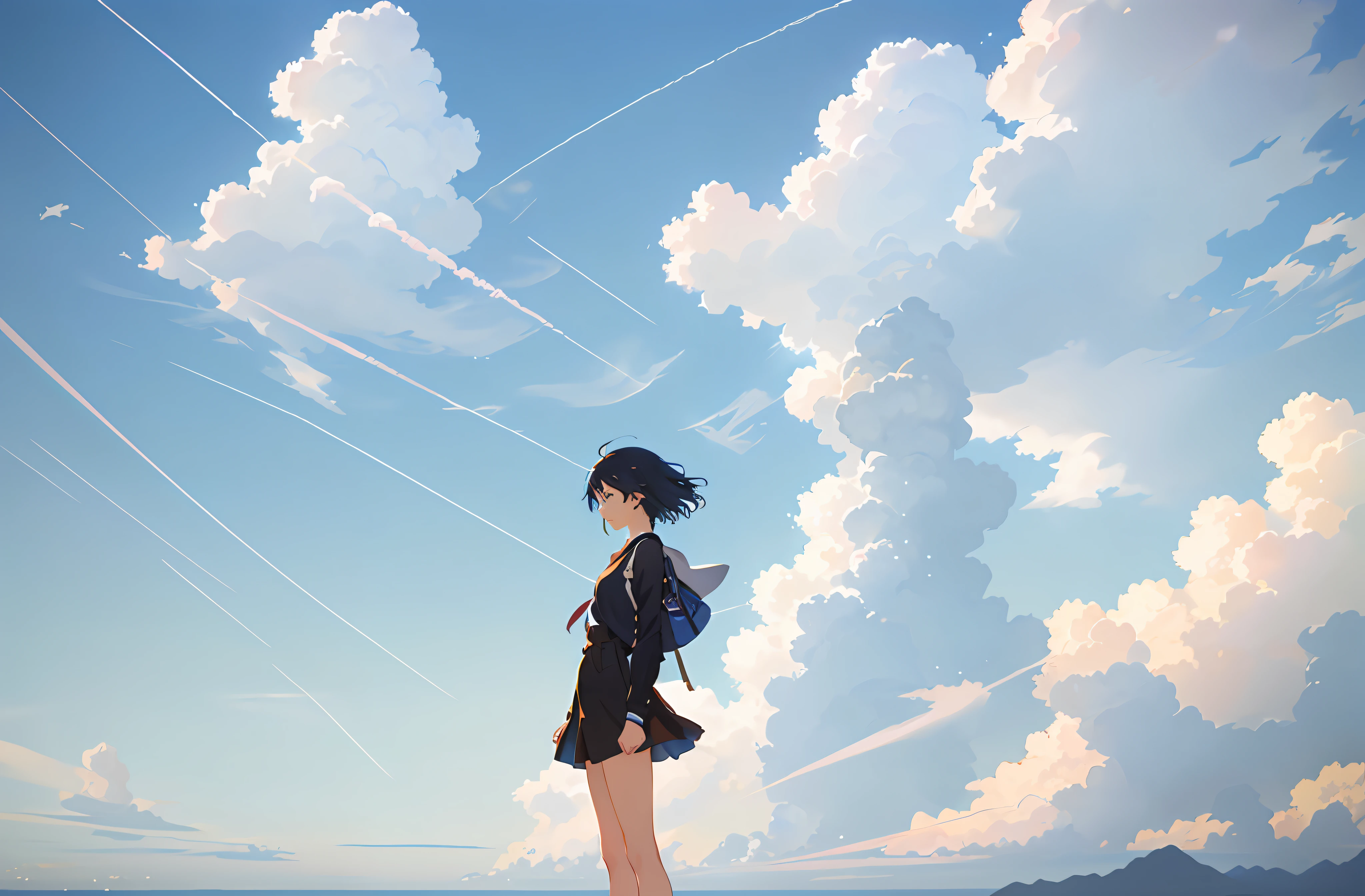 Anime girl sitting on bench under cloudy sky, Makoto Shinkai Cyril Rolando, girl clouds, in the style of makoto shinkai, Makoto Shinkai!, Makoto Shinkai!!, makoto shinkai art style, Anime Cloud, animeaesthetic, Praise Artstyle, lofi-girl, dreamy psychedelic anime, Shinkai Makoto style
