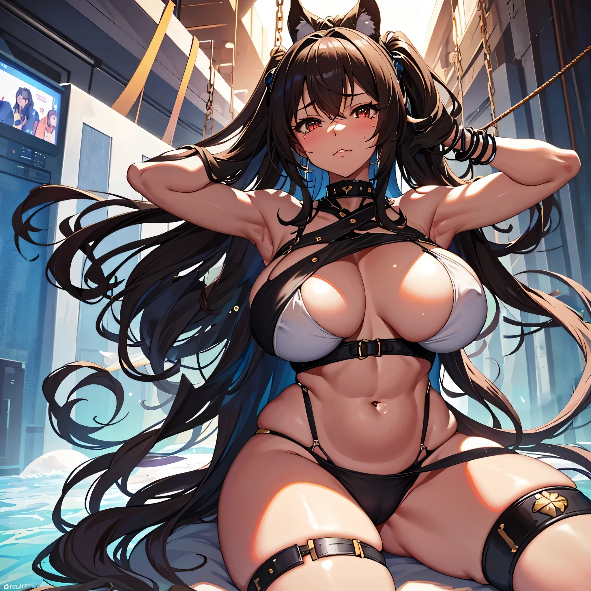 obra de arte, anime, Sexy Azur Lane waifu de pele morena, mega volumoso, curvy and super thick breasts (tamanho 60GG), abdominais definidos de tanquinho, amarrado em uma cadeira torturante, torturing machine with intricate ropes and chains, cativo, held hostage, Basement Configuration, expressando uma mistura de tristeza e medo, vivid tears streaming down your face, wearing a tight black micro bikini that exposes her ample cleavage, apontando um dedo de camelo, adornado com diamantes, Maquiagem estilo Harajuku, a seductive and focused mother, Despertado, seguro para-