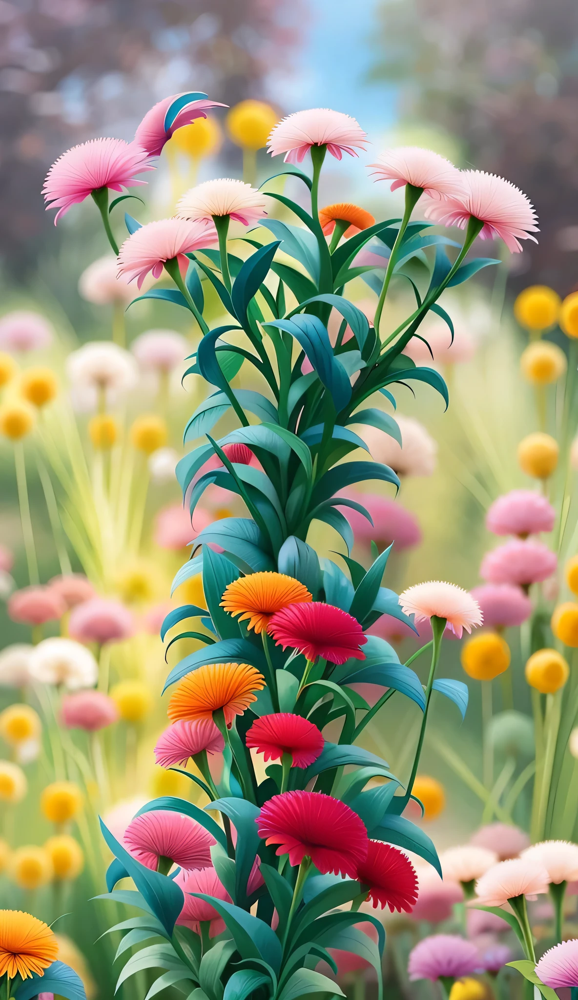 there is a painting of a bunch of flowers in a field, magical colorful flowers, colorful flowers, colourful flowers, beautiful iphone wallpaper, floral flowers colorful, floral growth, tall flowers, floral environment, detailed flowers, colored flowers, beautiful digital painting, magical flowers, detailed beautiful plants, surreal waiizi flowers, vertical wallpaper, colorful hd picure, beautiful flowers