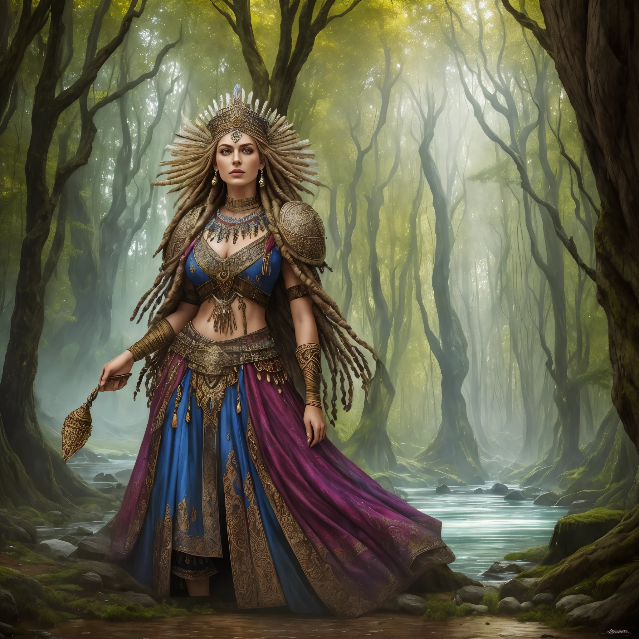Fantasy shaman by Yvonne Strahovski, Beautiful Hungarian woman | Indonesian, com dreadlocks, usando armadura de couro intrincadamente decorada, Realista rendering, dungeons and dragons, fantasia, octane rendering, zbrush. Design de personagem, photoRealista, irreal, hyper-detalhado mechanism, arte conceitual, trend in the art season. ((melhor qualidade)), ((obra de arte)), ((Realista)), (detalhado), retrato em close, retrato de corpo inteiro, olhos castanhos, vestindo armadura de couro, highly detalhado skin and hair, olhando para o espectador, Arte extravagante, cores gradientes impressionantes, assinatura sem marca d'water, boca fechada, detalhado background, selva exuberante, boca fechada, incredibly detalhado, ((obra de arte)), absurdos, hdr.