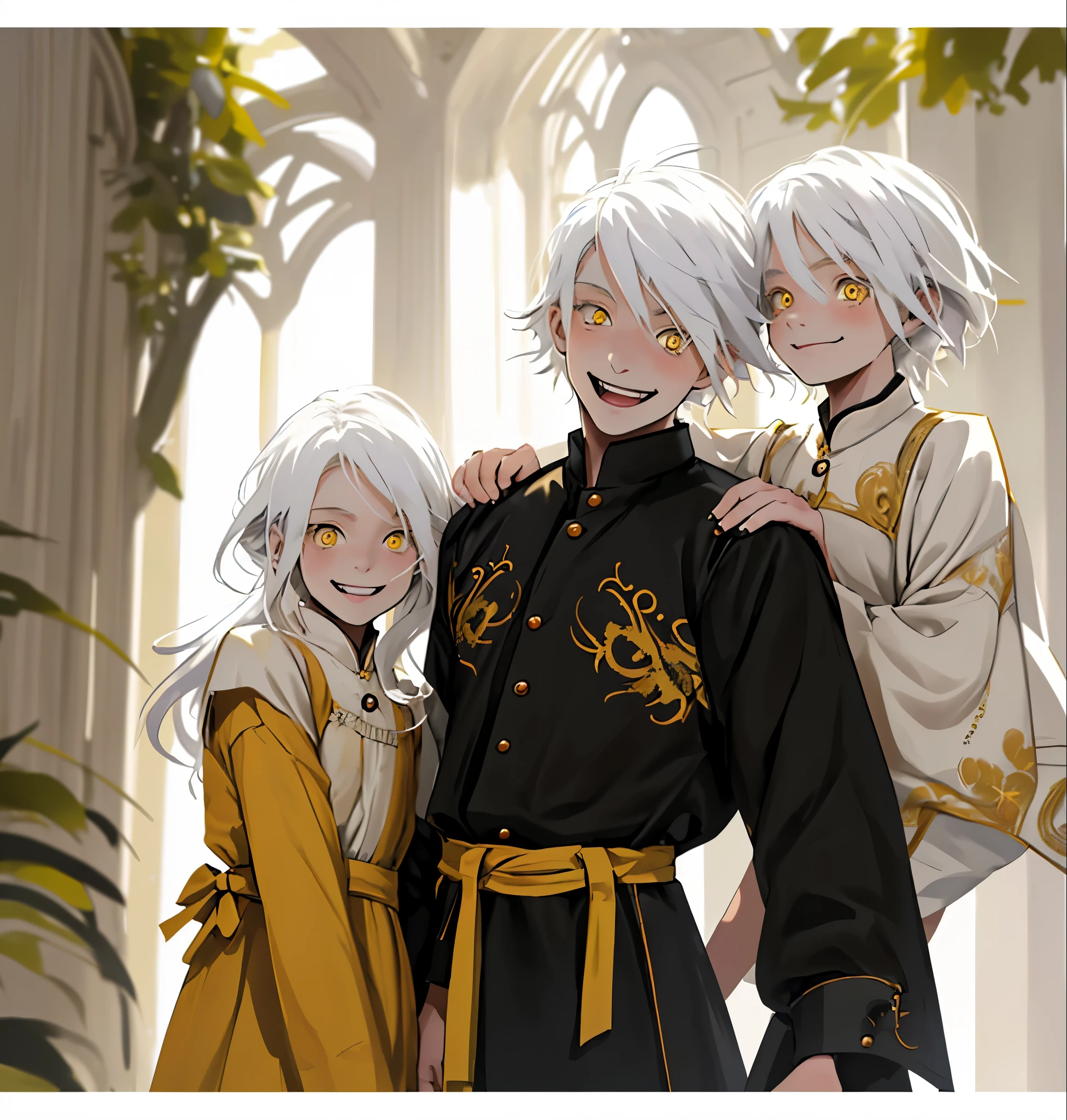 two 7--old ns, a boy and a girl, with white hair and yellow eyes, are smiling mischievously at each other.  
