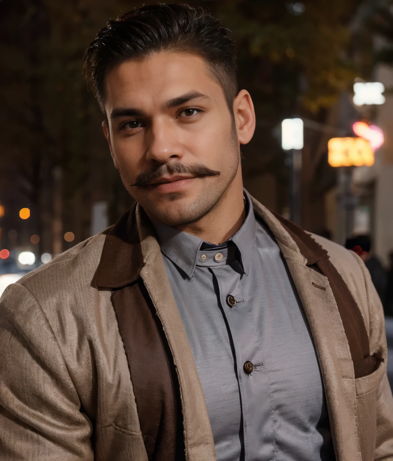 Buetifull man with a full dark  hazel brown beard and white skin, has short brown hair thats comed to the side, shaved sides,. Wearing a brown coat with a blsck suit vest and grey suit pants, strong hawline and cheekbones, has dimples, full beard, white skin, standing outside, close up of face, lookigns straight st camera, pale skin, square face type, wearing fur coat, very handsome man posing, has mustache, latino, has a mustache, musclar man, has wearing gold watch, perfect face, stromg jawline, square jawline, roman nose shape,