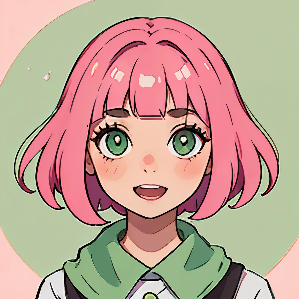 (Highest image quality),Portrait,8K,girl,10 years old,cute,round face,Pink Bob Cut,bangs bangs,green eyes,smile,open mouth