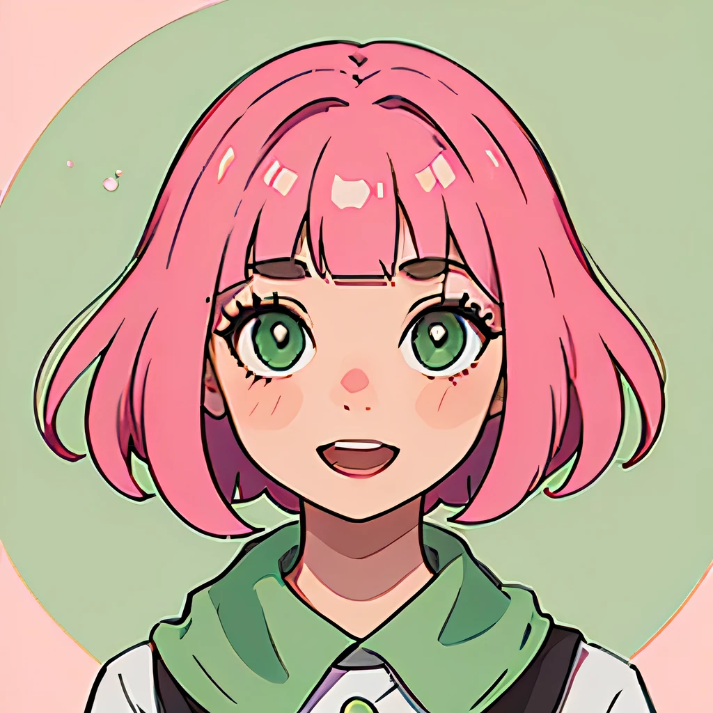 (best image quality),portrait,8k,girl,10 years old,cute,round face,Pink Bob Cut,bangs,green eyes,smile,open your mouth