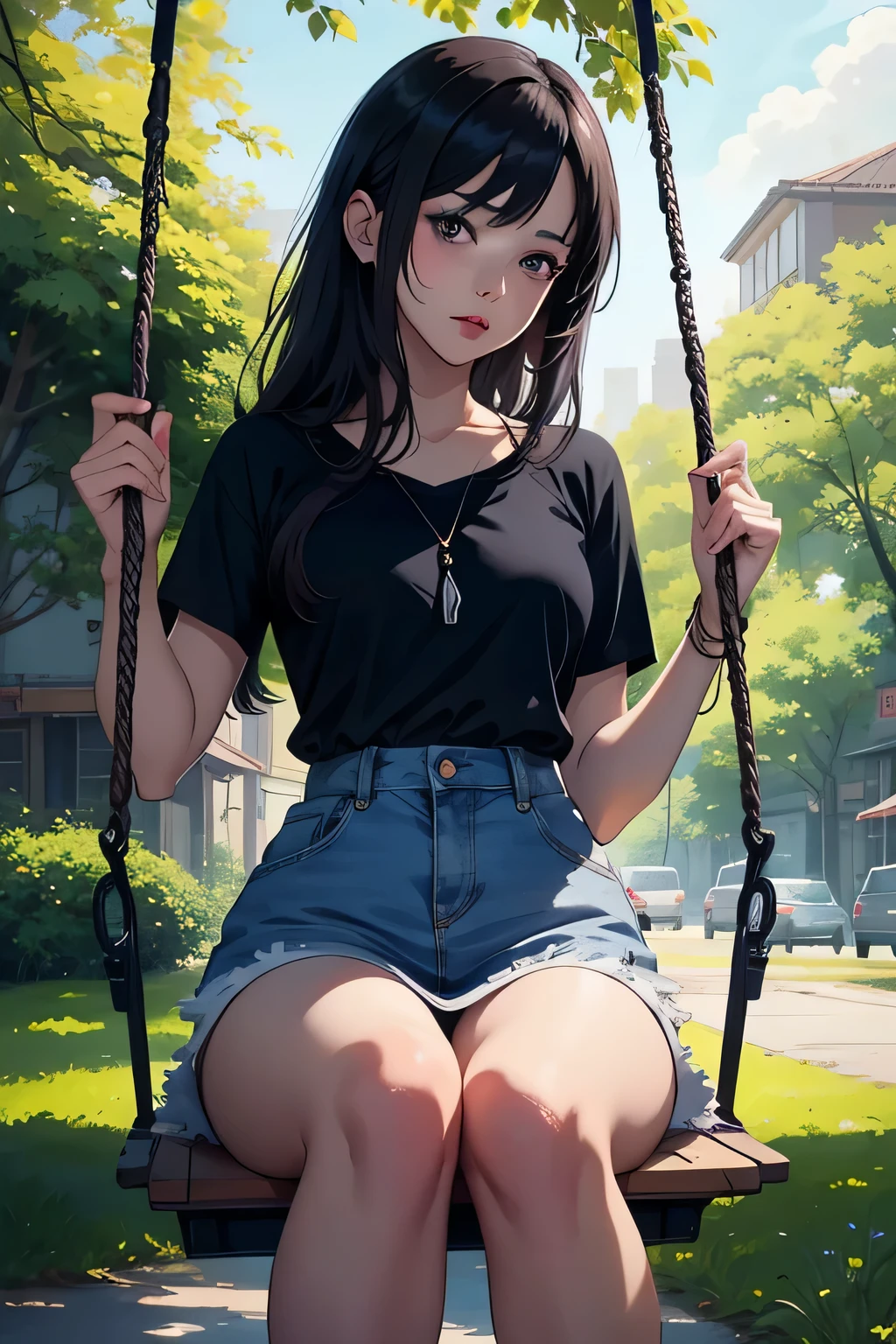 Best quality, a woman in a black top sits on a swing, seductive Anime girl, work in Guweiz style, a hyperRealistic , Anime girl, hyperRealistic , beautiful charming anime woman, beautiful Anime girl, attractive Anime girl, Realistic , anime style. 8K, [ 4k digital art ]!!, Anime girls