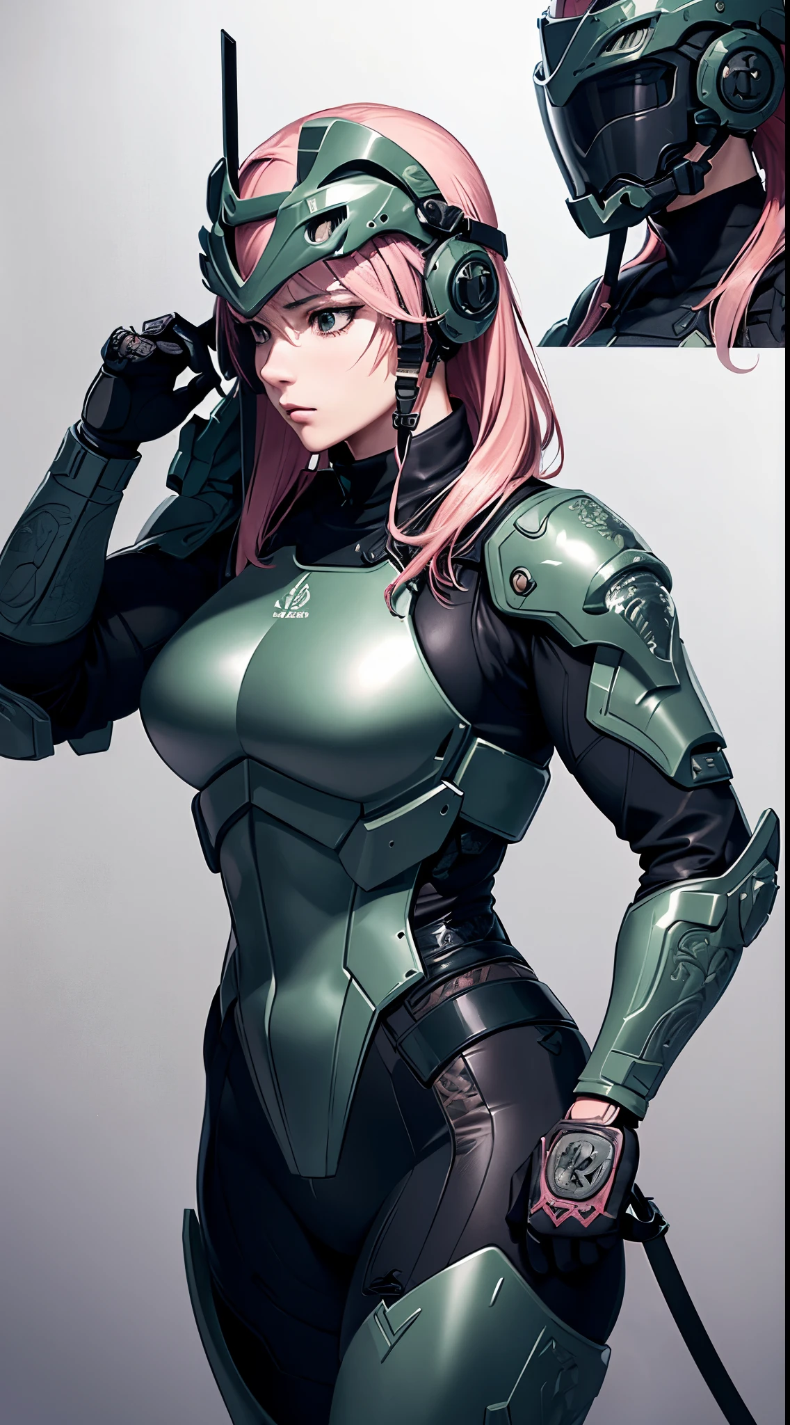style of metal gear solid, (detailed intricate full cover tactical helmet:1.3), (pink hair), cowboy shot, dynamic pose, 1girl, solo, ray tracing, (masterpiece), (best quality), (detailed), (detailed tactical gear:1.1), (body armor:1.1), combat pants, gloves, (intricate background:1.1),