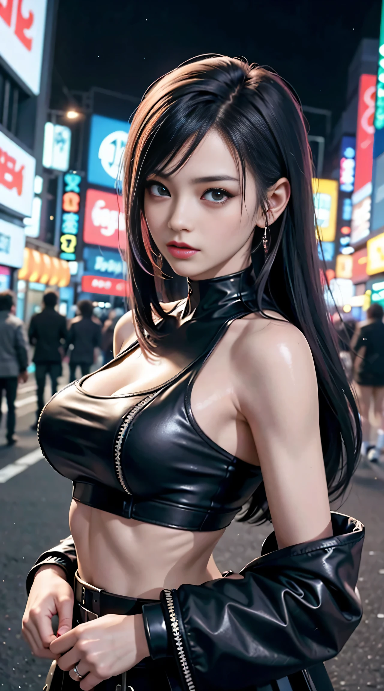 sfw, masterpiece, best quality, ((2 cyberpunk girls standing together taking selfie portrait)), ((((Harajuku-inspired cyberpunk clothing)))), bold colors and patterns, eye-catching accessories, trendy and innovative hairstyle))), dazzling Cyberpunk cityscape, skyscrapers, glowing neon signs, LED lights, anime illustration, detailed skin texture, detailed cloth texture, beautiful detailed face, intricate details, ultra detailed, cinematic lighting, strong contrast, wearing bra,((skinny waist)), young asian girl, ((big breasted)),